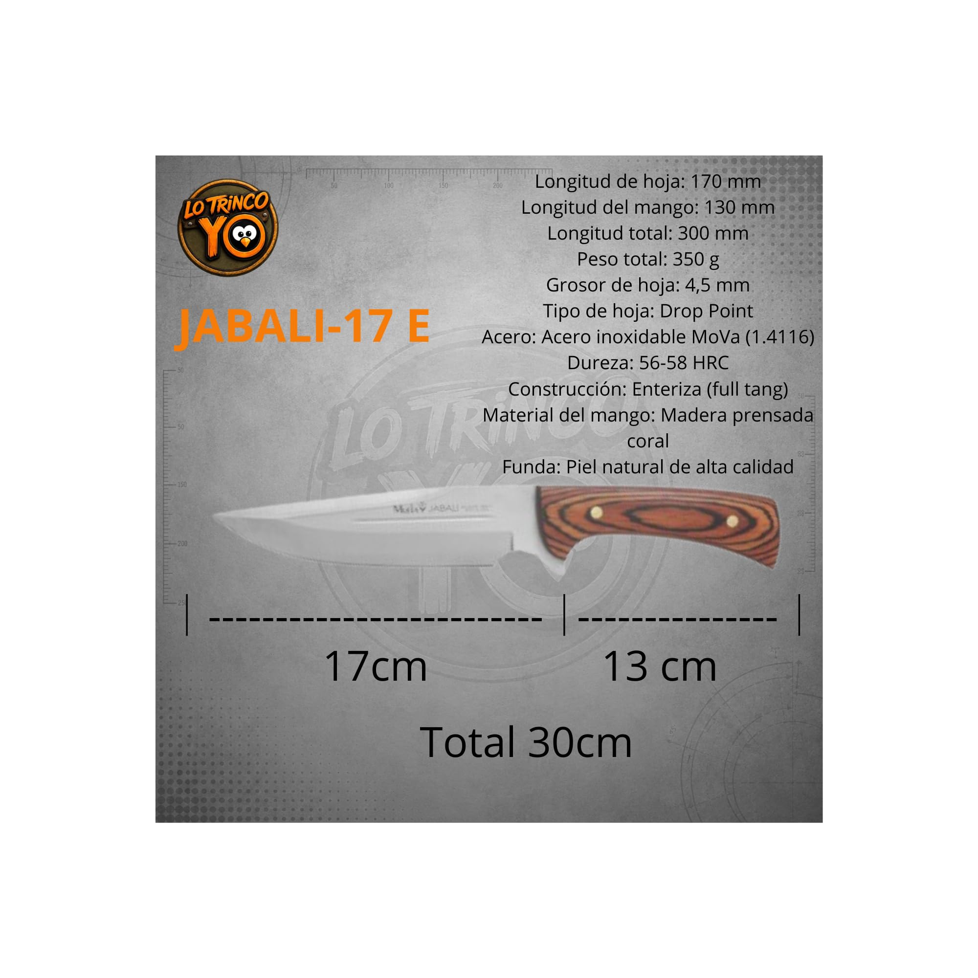 Muela JABALI-17 E Cuchillo Caza. Hoja fija 17cm. Acero MoVa y Mango de Madera Coral. Fabricado en España | Ideal para Caza, Montería, Rececho, Pesca,Supervivencia, Outdoor y Bushcraft | LO TRINCO YO