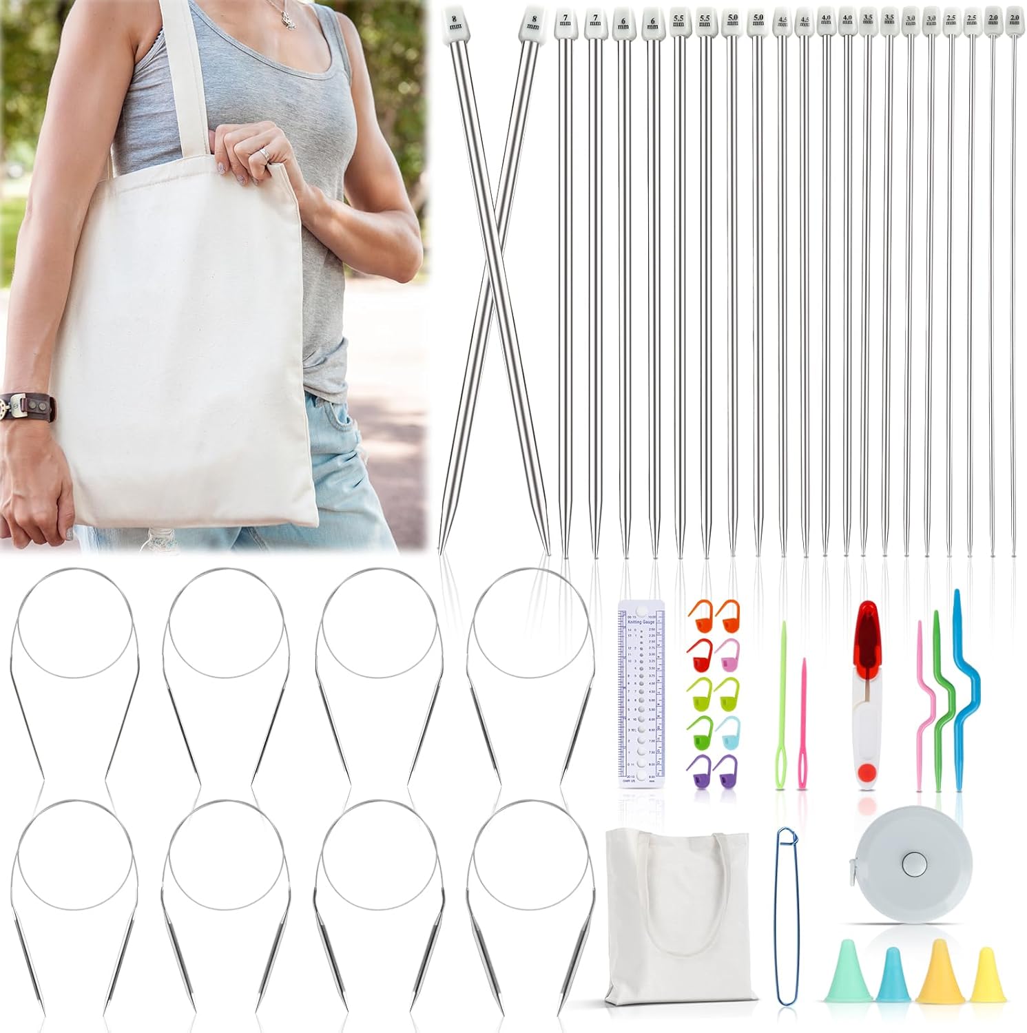 Katech Knitting Needles Set for Beginners, 9 Pairs Circular Knitting Needles Set and 22 Pcs Single Pointed Knitting Needle Set with Tote Bag Knitting Accessories Knit Supplies