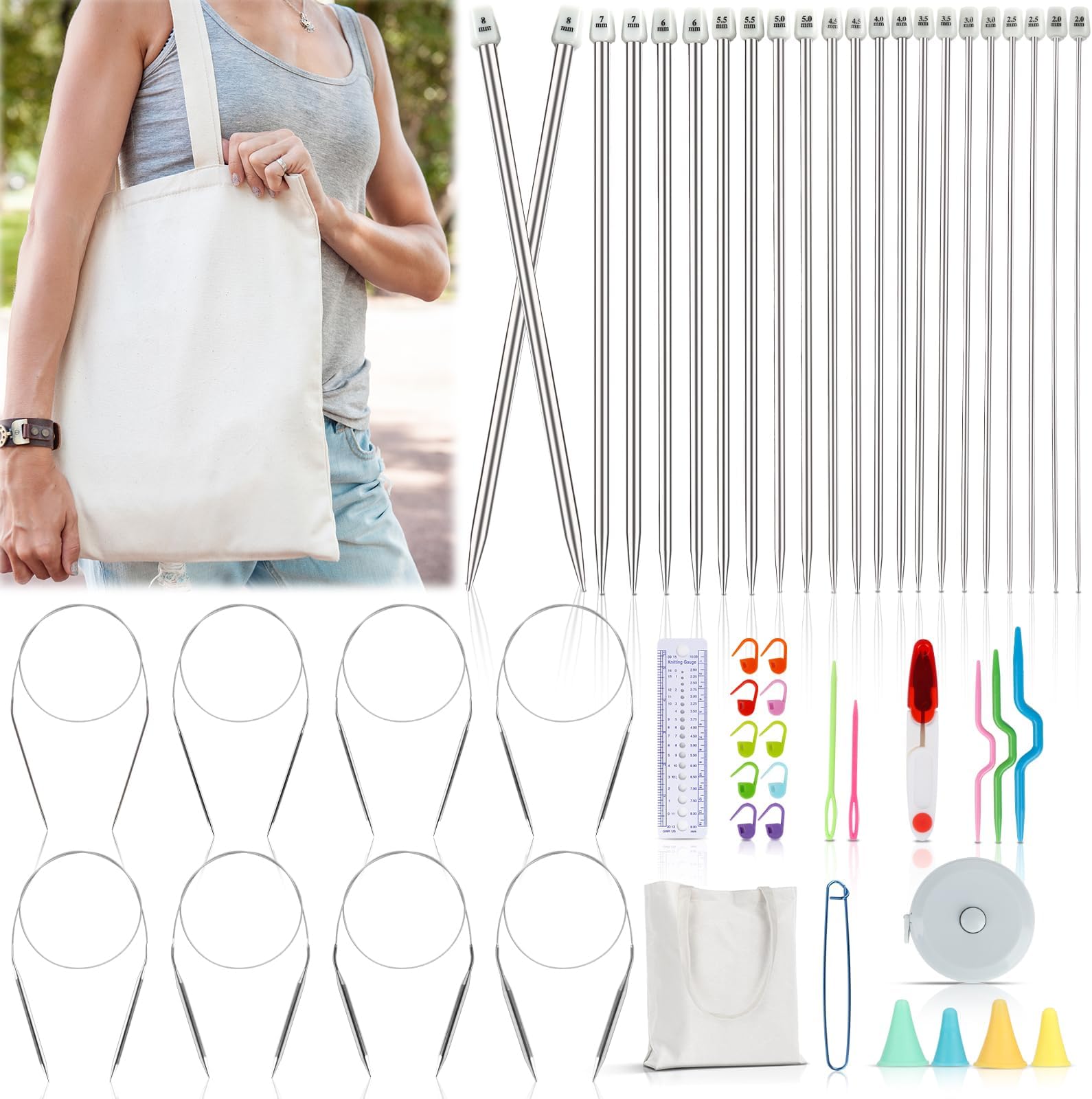 Katech Knitting Needles Set for Beginners, 9 Pairs Circular Knitting Needles Set and 22 Pcs Single Pointed Knitting Needle Set with Tote Bag Knitting Accessories Knit Supplies