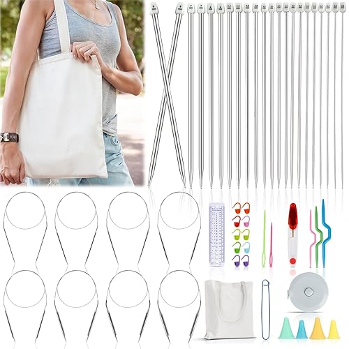 Katech Knitting Needles Set for Beginners, 9 Pairs Circular Knitting Needles Set and 22 Pcs Single Pointed Knitting Needle Set with Tote Bag Knitting Accessories Knit Supplies
