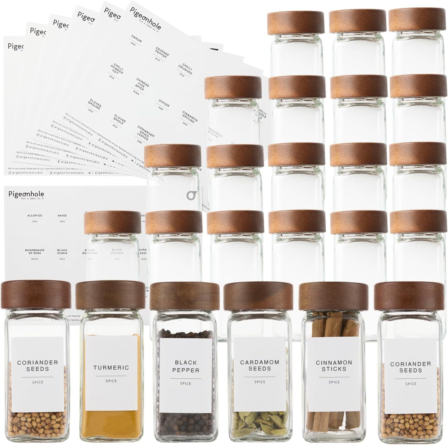Pigeonhole Glass Spice Jars with Wooden Acacia Lids (120 ml) and Spice Jar Labels 24 Square