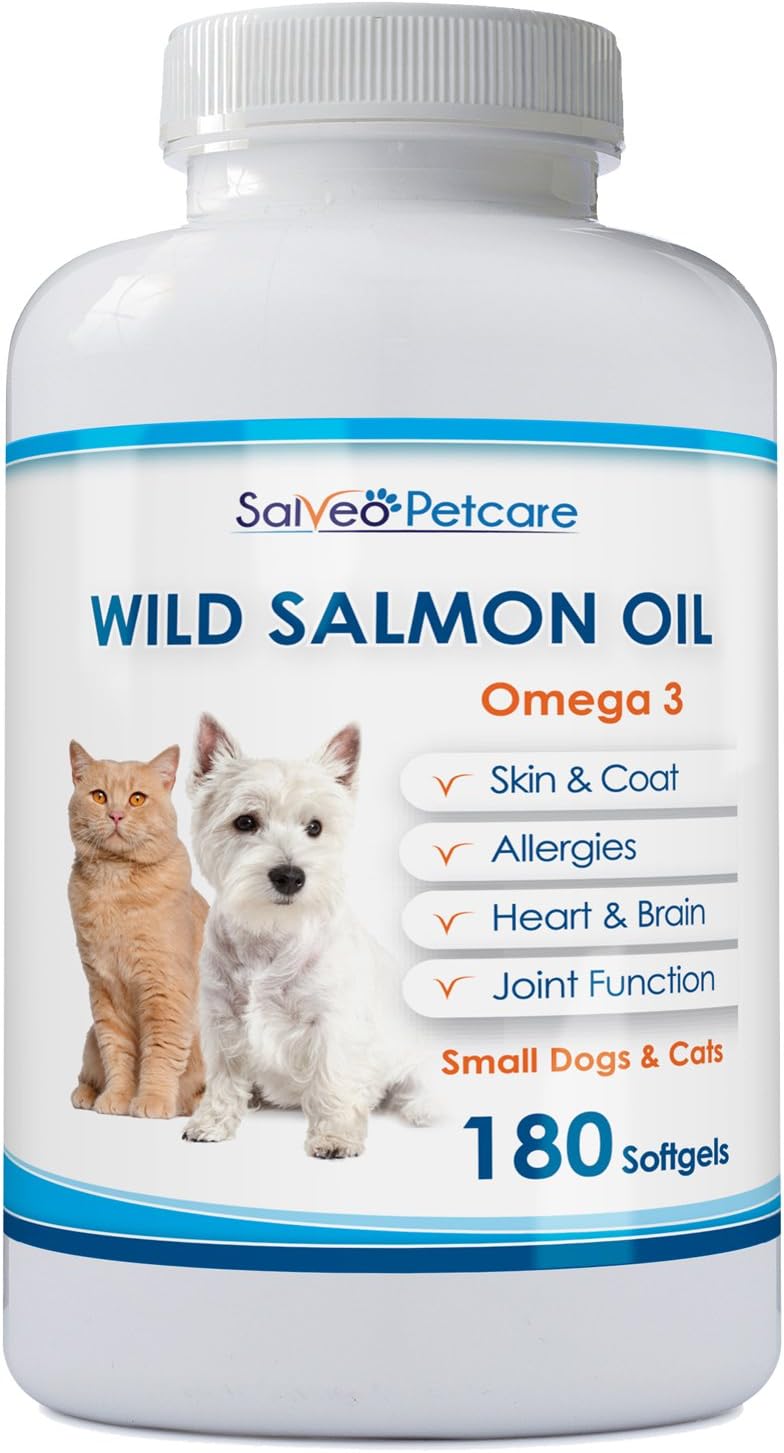 Salmon Oil for Dogs and Cats - Premium Omega 3 Supplement for Healthy Skin and Coat - Wild Caught Alaskan Fish Oil - 180 Easy to Swallow 500mg Capsules Best for Small Dogs - No Fishy Smell or Mess