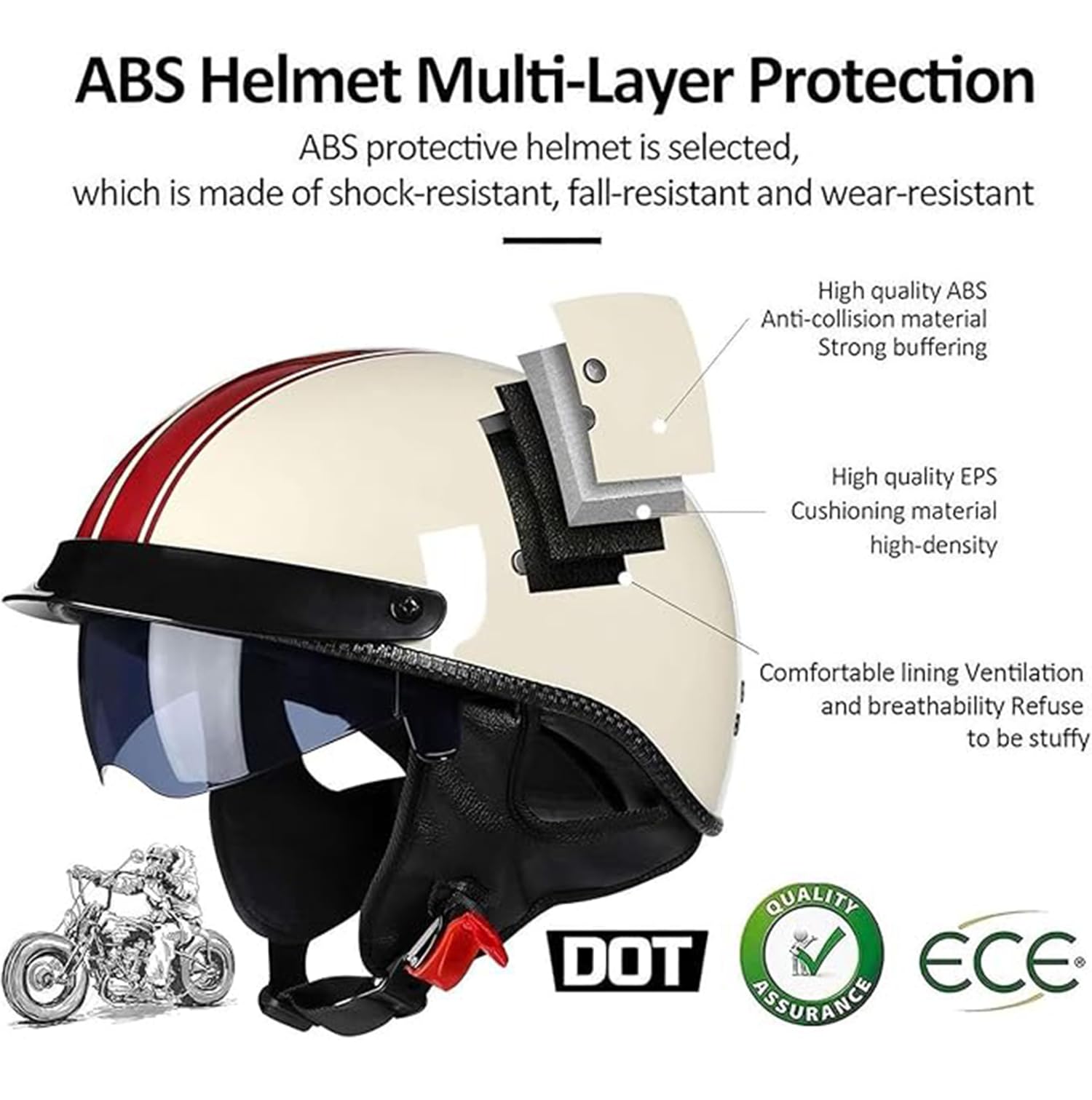Halbschalenhelm Mit ECE Zulassungiber Brain-Cap Halbschale Jethelm Rollerhelm Scooter-Helm Retro Half Helm mit Built-in Visier für Cruiser Chopper Biker Moped DOT/ECE-Zulassung
