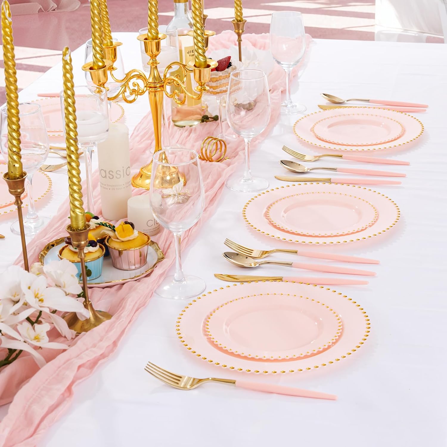 Supernal 102Pcs Gold Disposable Utensils with Pink Handle for Wedding Party image 5