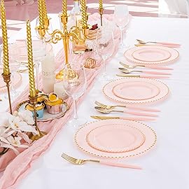 Supernal 102Pcs Pink Plastic Silverware, Gold Disposable Utensils with Pink Handle, Elegant Gold Plastic Silverware Set Includes 34 Forks, 34 Spoons and 34 Knives for Party & Wedding, Mother\'s Day