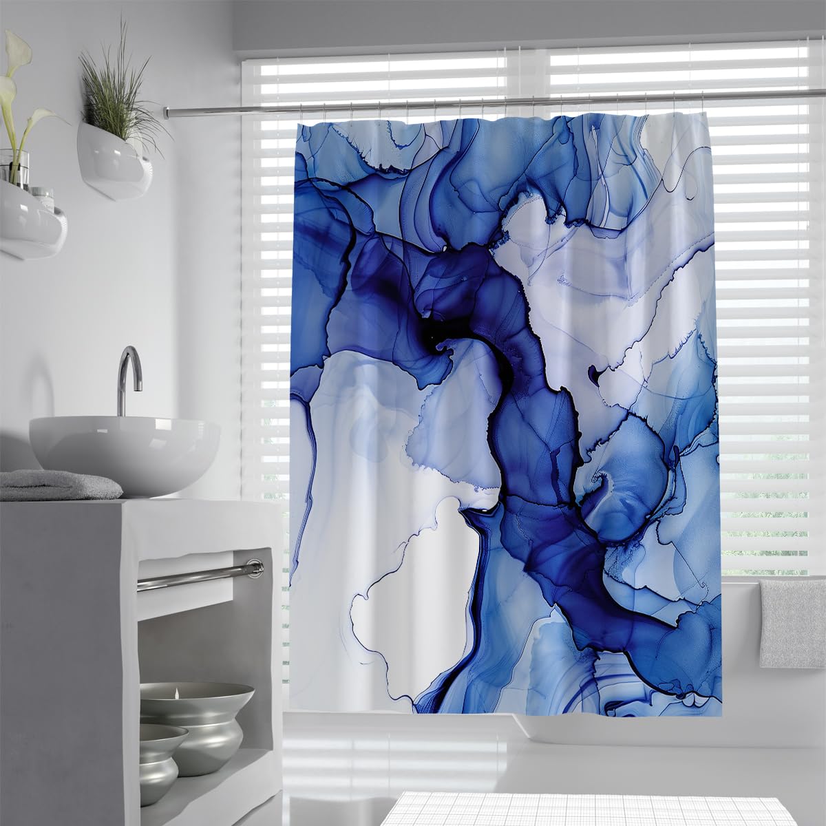UIRINGART Liquid Ink Shower Curtain W200xL240cm Abstract Cobalt Blue White Marble Smoke Swirls Anti Mould Machine Washable Polyester Fabric Bath Curtains