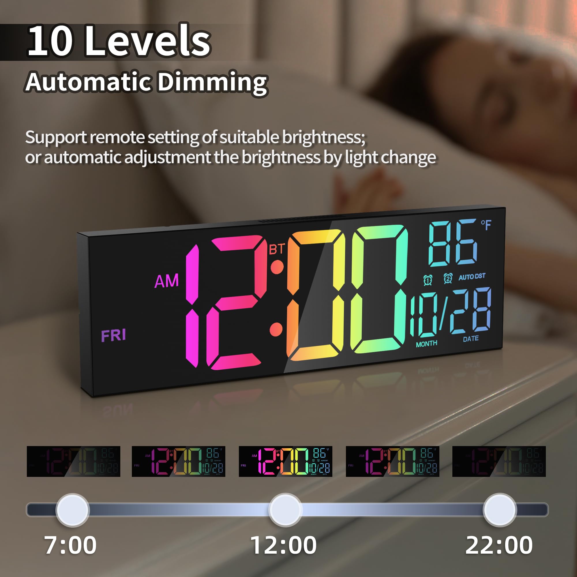 16,5" Digitale Wanduhr mit Bluetooth, Nachtlicht, Dimmung, 2 Wecker, Temperatur, RGB-Farbe, Fernbedienung, 12/24H, Timer – für Wohnzimmer, Büro, Senioren, Geschenk