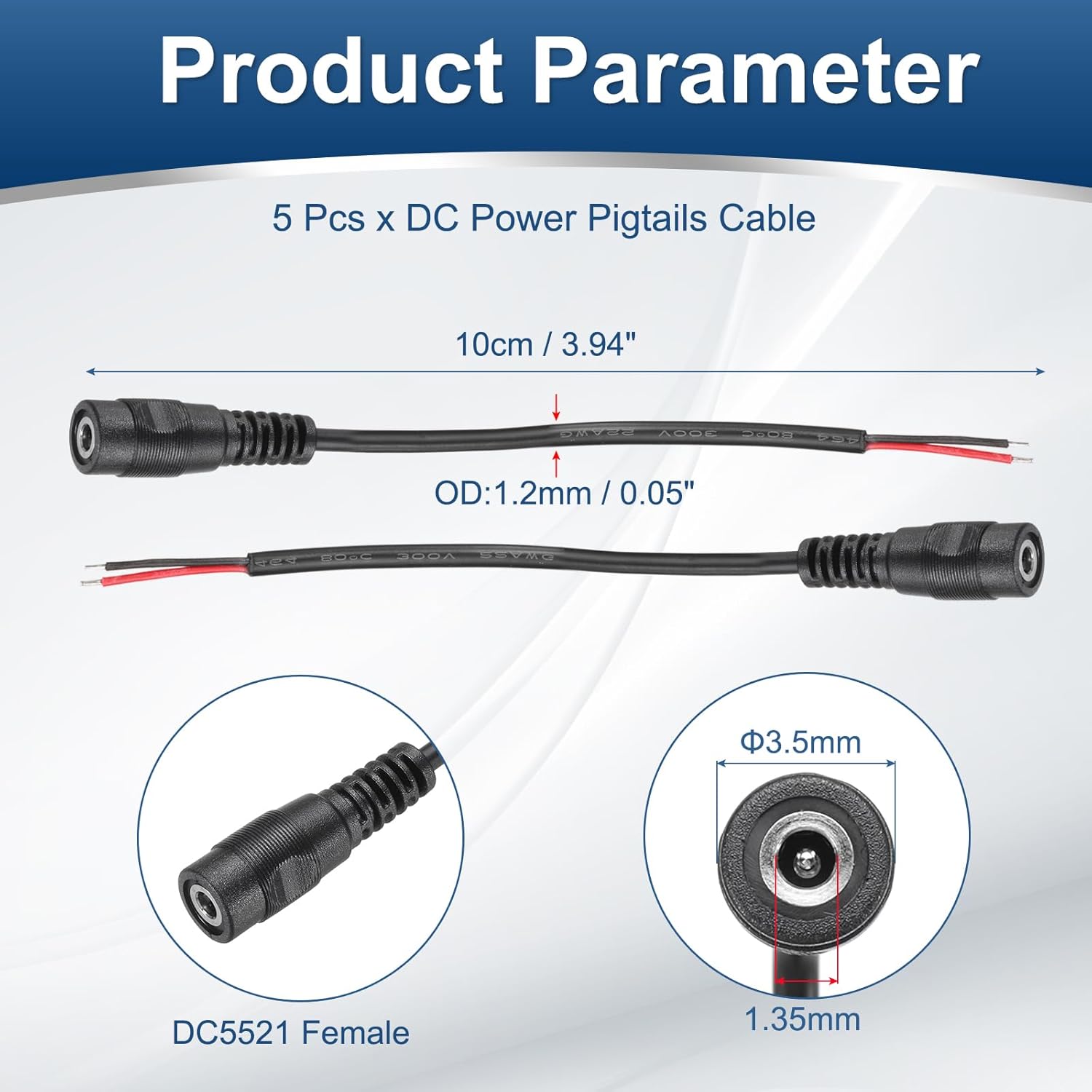 MECCANIXITY 5pcs DC Power Pigtails Cable, 3.5mm x 1.35mm Female Barrel Plug Connector to Bare Wire Open End 10cm for PC Laptop Toys Cellphone Electronic Devices