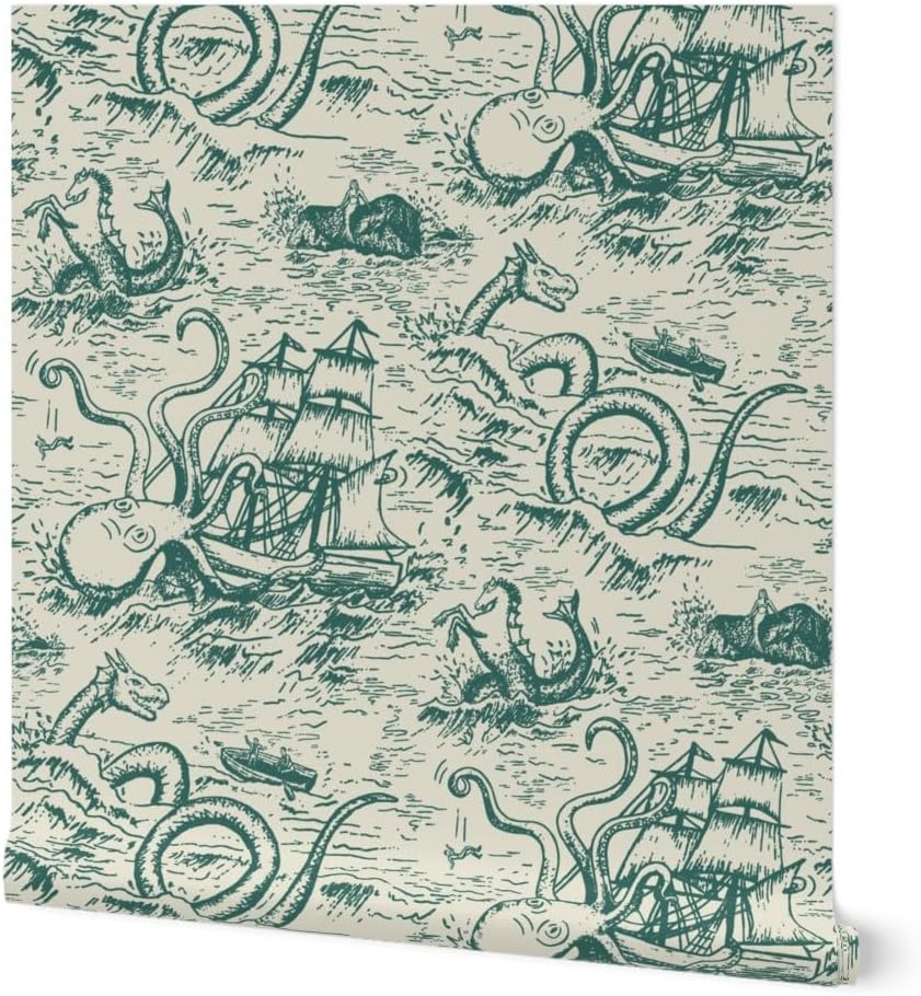 Removable Wallpaper Swatch - Teal Green Sea Creatures Kraken Octupus Mythology Mermaid Toile Monster Ocean Hippocampus Horse Custom Pre-Pasted Wallpaper by Spoonflower