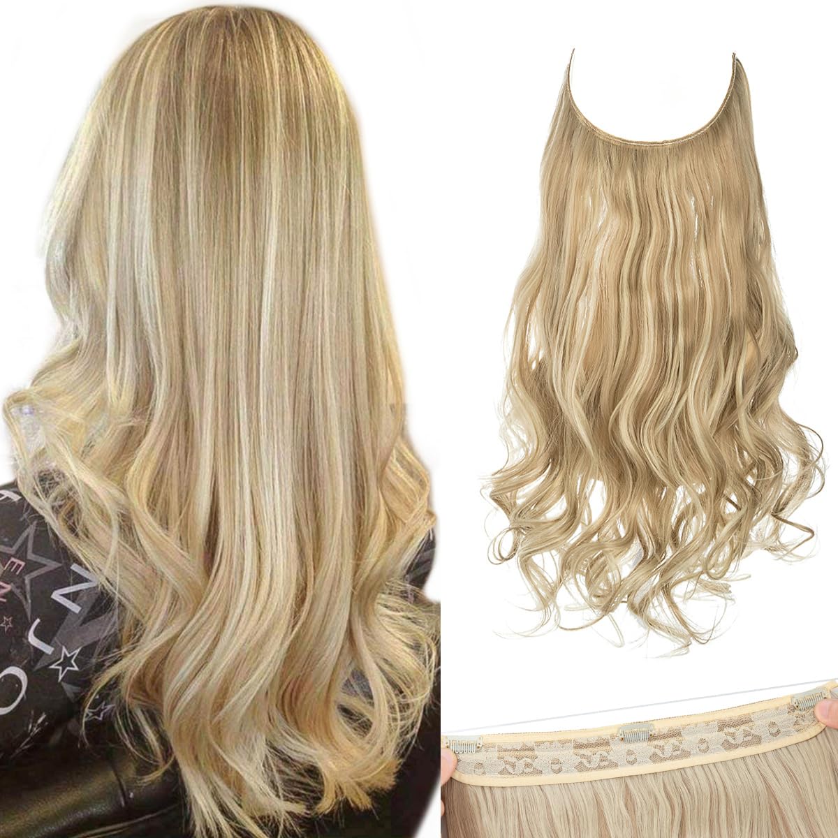 SARLA Invisible Wire Hair Extensions with 3 Clips Short 14 Inch Synthetic Wavy Curly Hairpiece for Women Adjustable Transparent Headband Dirty Blonde