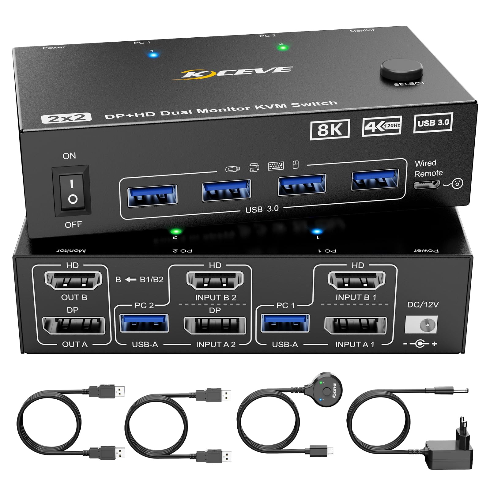 8K KVM Switch 2 PC 2 Monitore 8K@60Hz 4K@144Hz Displayport+HDMI Dual Monitore KVM Switch für 2 PC Share 2 Monitore und 4 USB 3.0 Geräte, Kabelfernbedienung, 12V Netzteil und USB Kabel enthalten