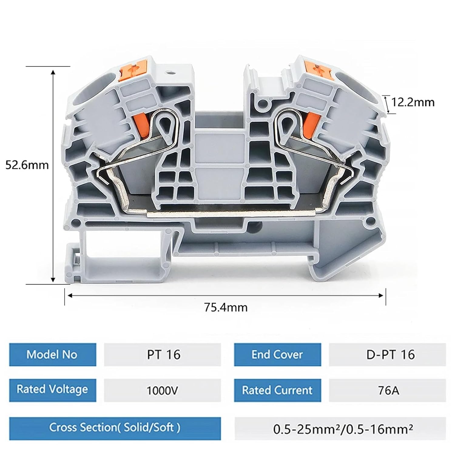 PT-16 Din Rail Terminal Block | Conductor Wire Connector Push In Spring Screwless Connection Feed Through Terminal Blocks PT16