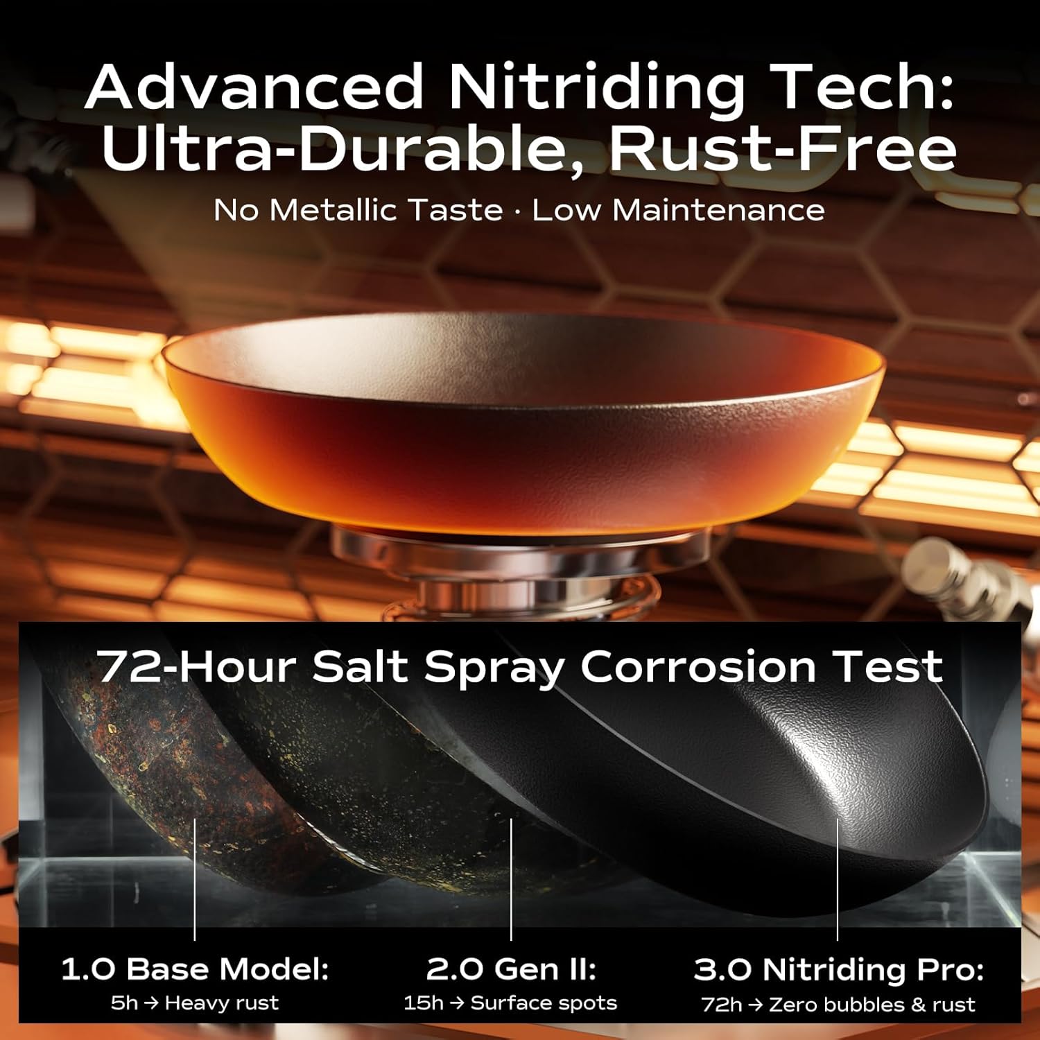 Carbon Steel Frying Pan, Pre-Seasoned 11-Inch Cooking Skillet Wooden Handle, PFAS & PFOA-Free, Nitrided Black Fry Pan for Kitchen, Camping, Chef Use - Image 3