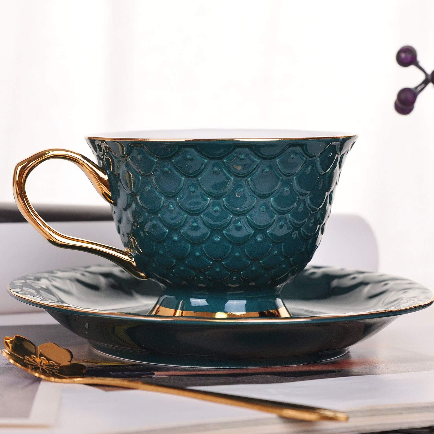 VanEnjoy Green Vintage 8 Ounces Porcelain Coffee Cup,Tea Cup and Saucer Set and Saucer with Decorative Scale Pattern, Vintage - Image 3