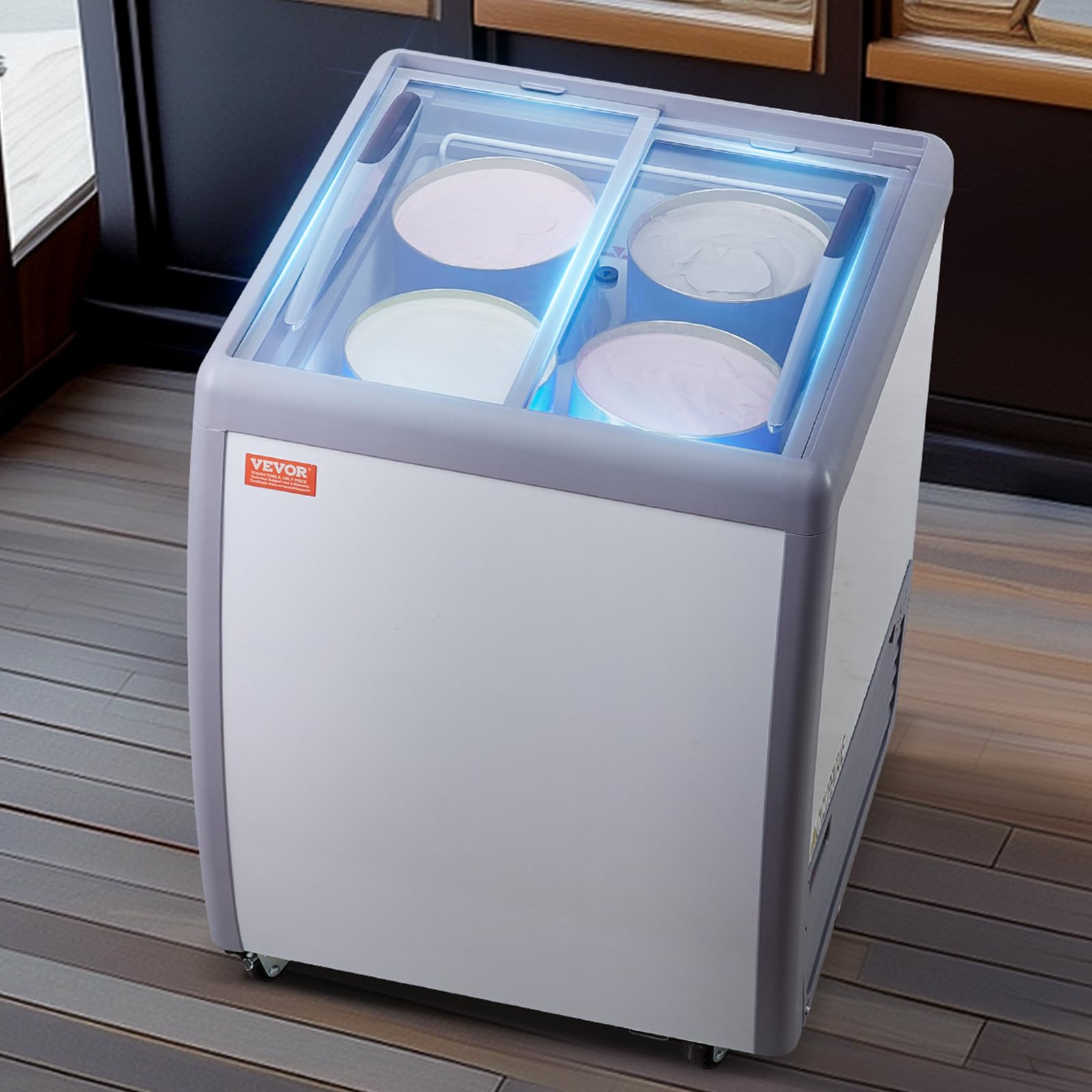 vevor commercial ice cream display case, 5.6 cu.ft chest freezer, mobile glass top deep freezer, restaurant gelato dipping cabinet, 2 sliding glass doors, locking casters, white
