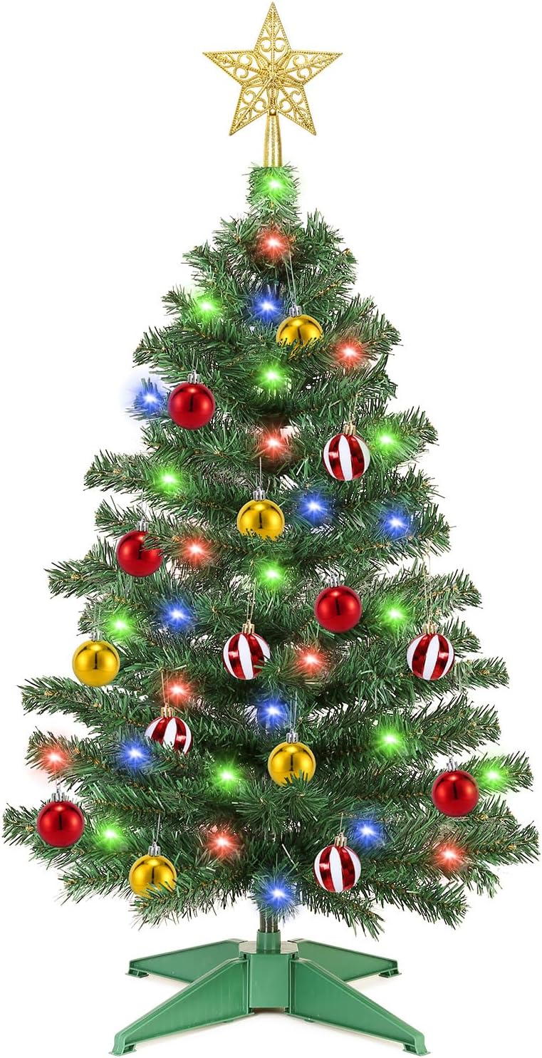 [ Timer & 12 Modes ] 3 Ft Christmas Tree with 50 Warm White & Multi Color Lights 15 Ball Ornaments 3D Star Remote Control Battery Operated Small Christmas Tree Xmas Christmas Decorations (Green PVC)