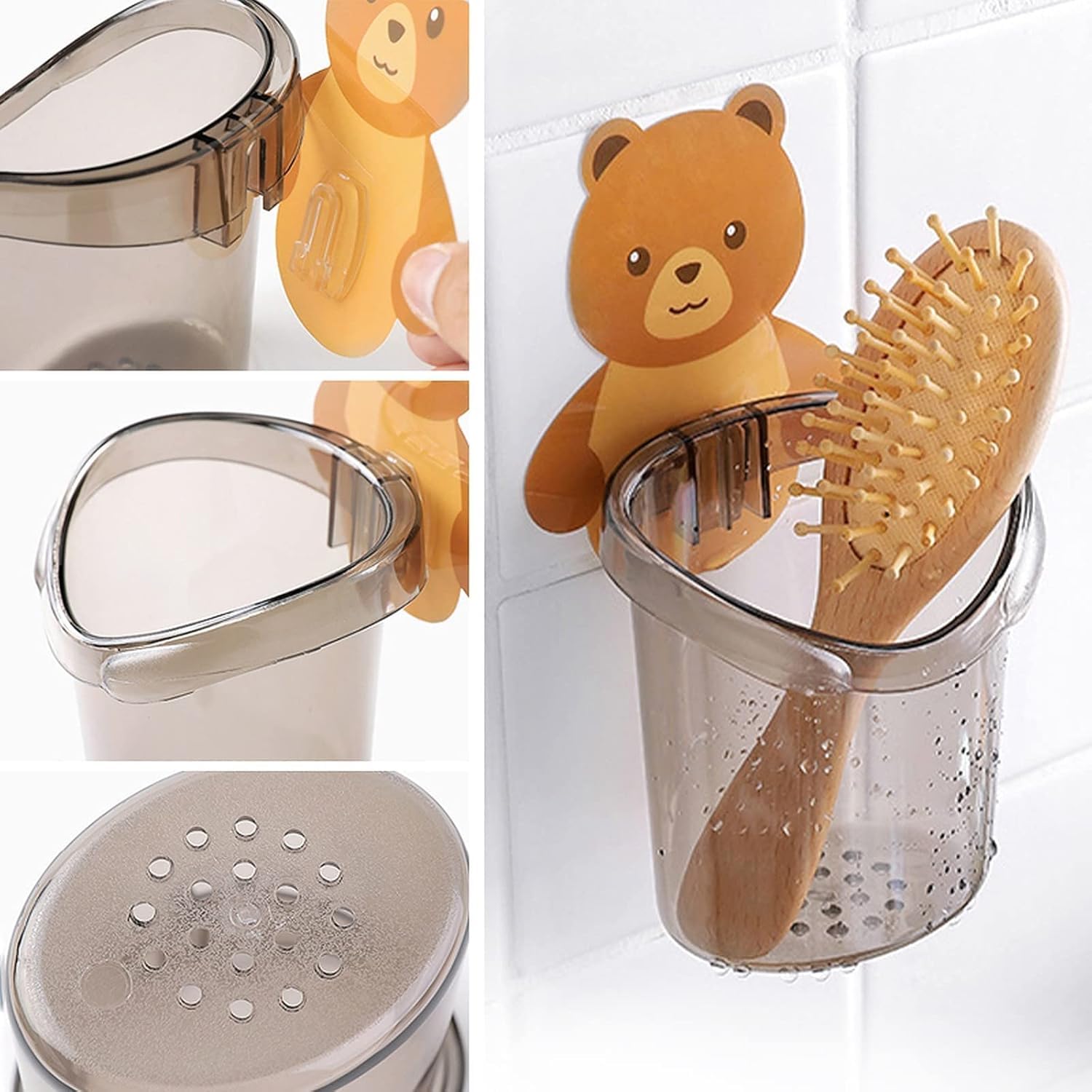 Toothbrush Holder (Set of 2 Pcs) Plastic Stand for Toothpaste, Comb, Brush, Cream, Lotion Kids Bathroom Cup Drain Waterproof Self-Adhesive, Teddy Bear 1