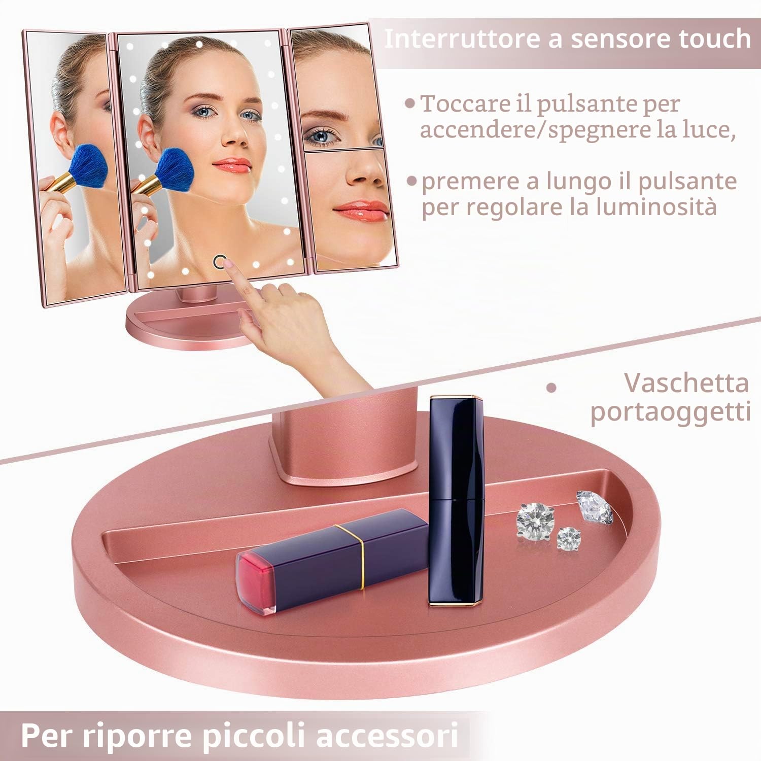deweisn Specchio Trucco con 21 LEDs, Specchio di Vanity Trifold Ruota di 180° Ingrandimento 1x / 2X / 3X Specchio per Il con Touchscreen per Il Trucco e la Cura della Pelle (Oro Rosa)