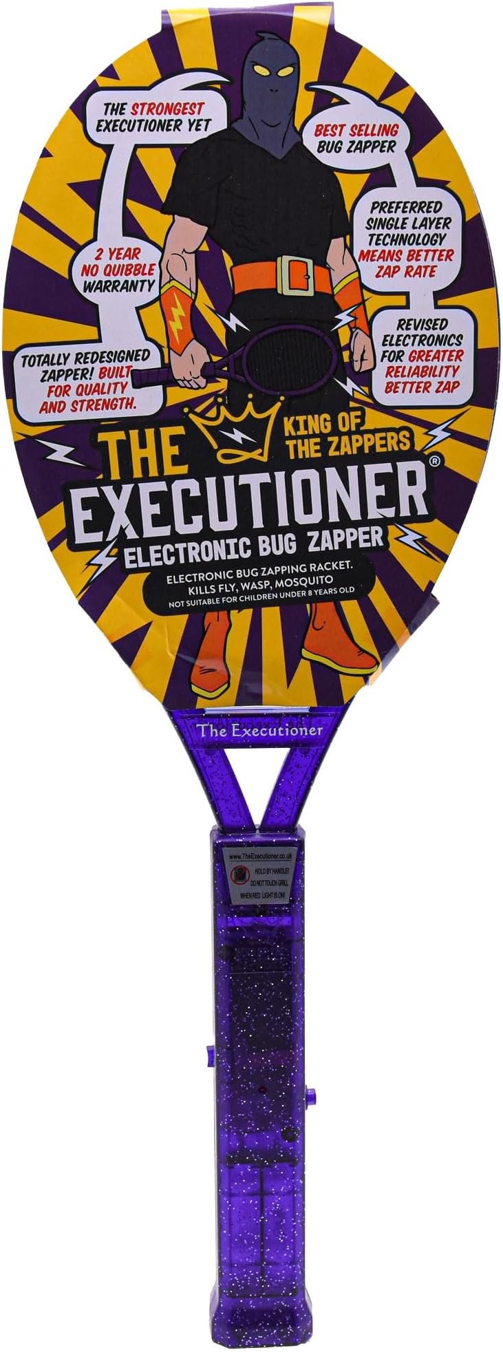 The Executioner Coloured Mosquito, Fly, Wasp, Bug, Insect Swatter/Killer and Bug Zapper Racket Single Layer for Most Efficient Zapping Indoor Outdoor Long Handle (Purple)