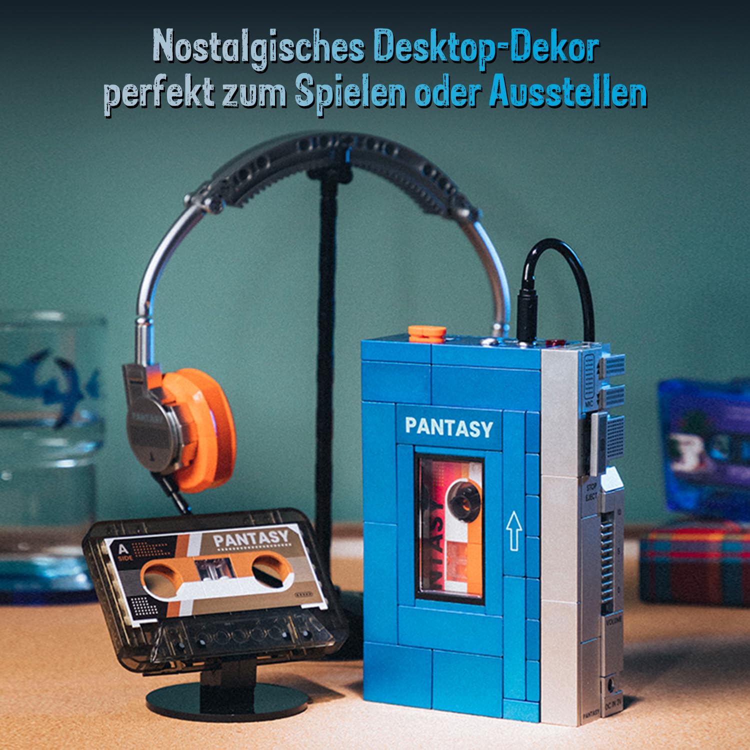 PANTASY Retro-Kassettenplayer Baustein-Modell, Tragbarer Tape-Player im 1970er-Stil mit Austauschbaren Kassetten & Kopfhörern, Vintage Musik-Display und Sammlerstück für Erwachsene