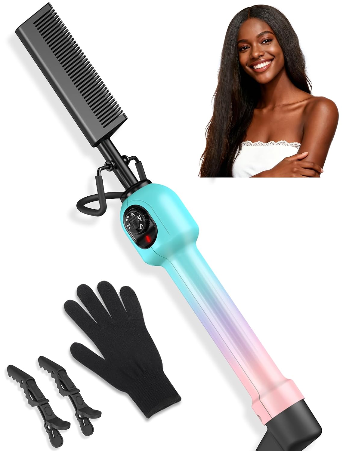 Professional Hot Comb for Wigs and Black Hair, Electric Pressing Comb with Anti-Scald Design, 5 Heat Settings 280–450°F, Dual Voltage Straightening Comb for Roots, Edges, Lace Fronts and Natural Hair