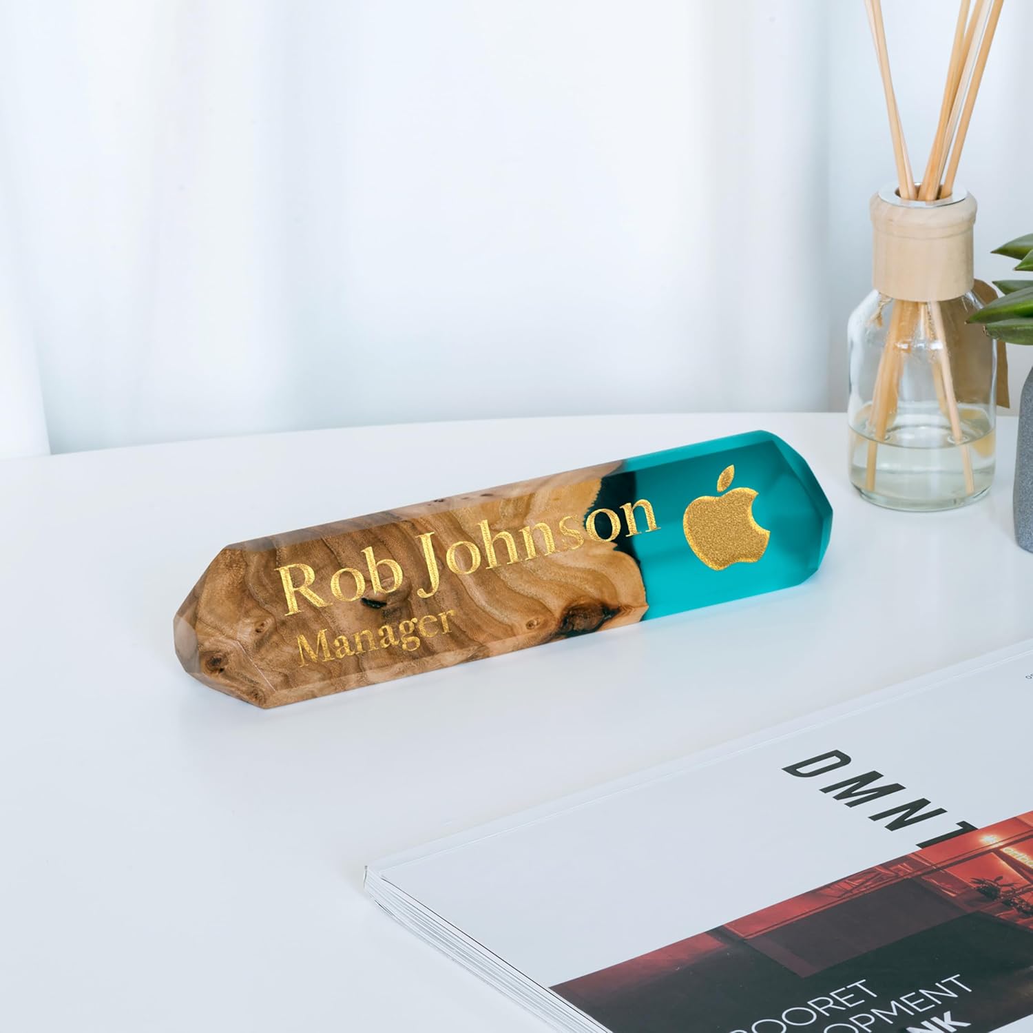 RWA Custom Desk Name Plate Personalized - Epoxy Wood Office Decor for Men & Women – Unique Office Desk Accessories for Professionals - Cute Name Plate for Desk – Custom Gift Name Tag, Blue/dark