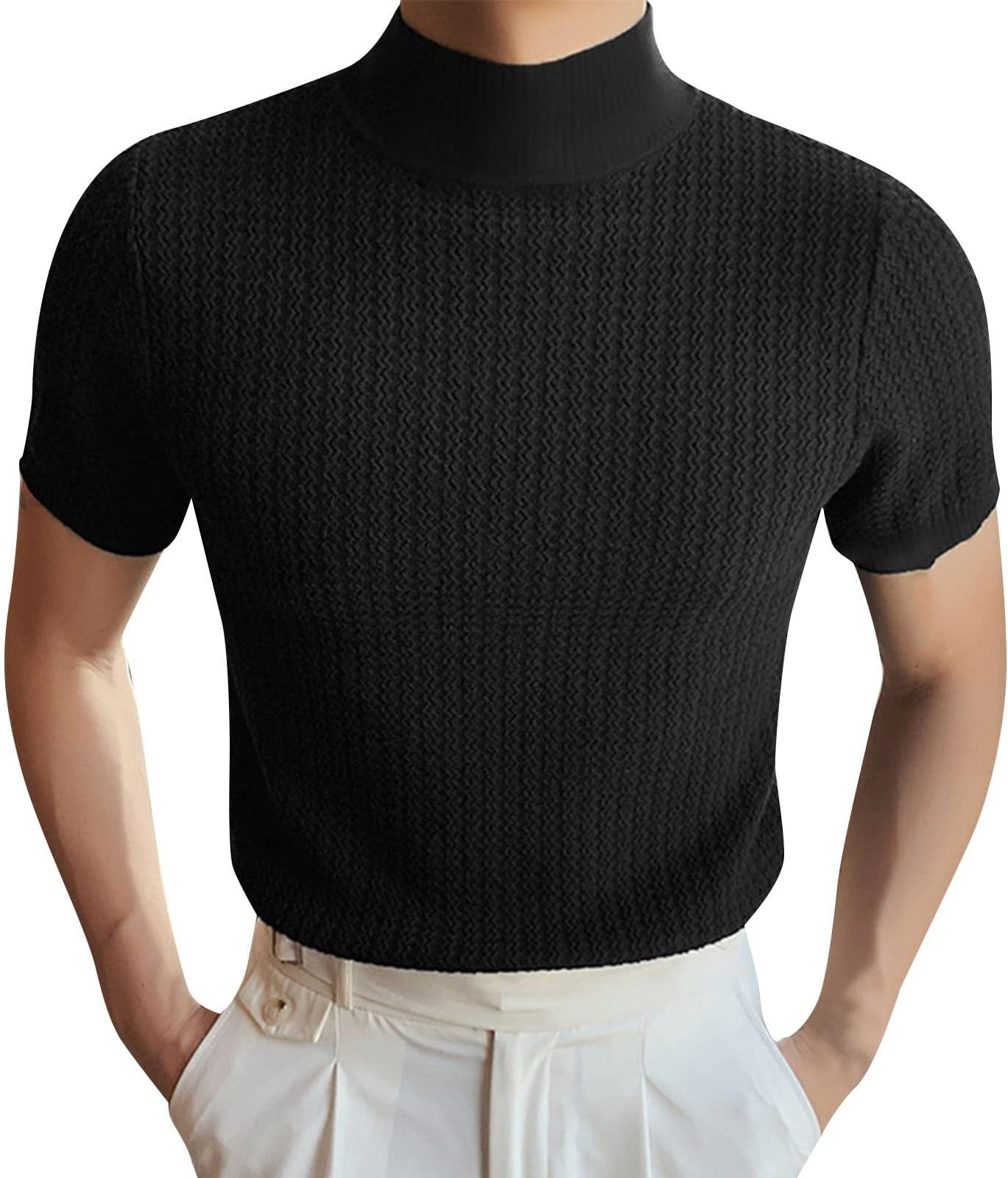 T Shirts for Men Lightweight Tight High Neck Solid Color T Shirt Tops Stretch Slim Fit Short Sleeve Fashion Casual Vertical Stripe Undershirts Breathable Comfortable T Shirts Daily Wear Mens Tops