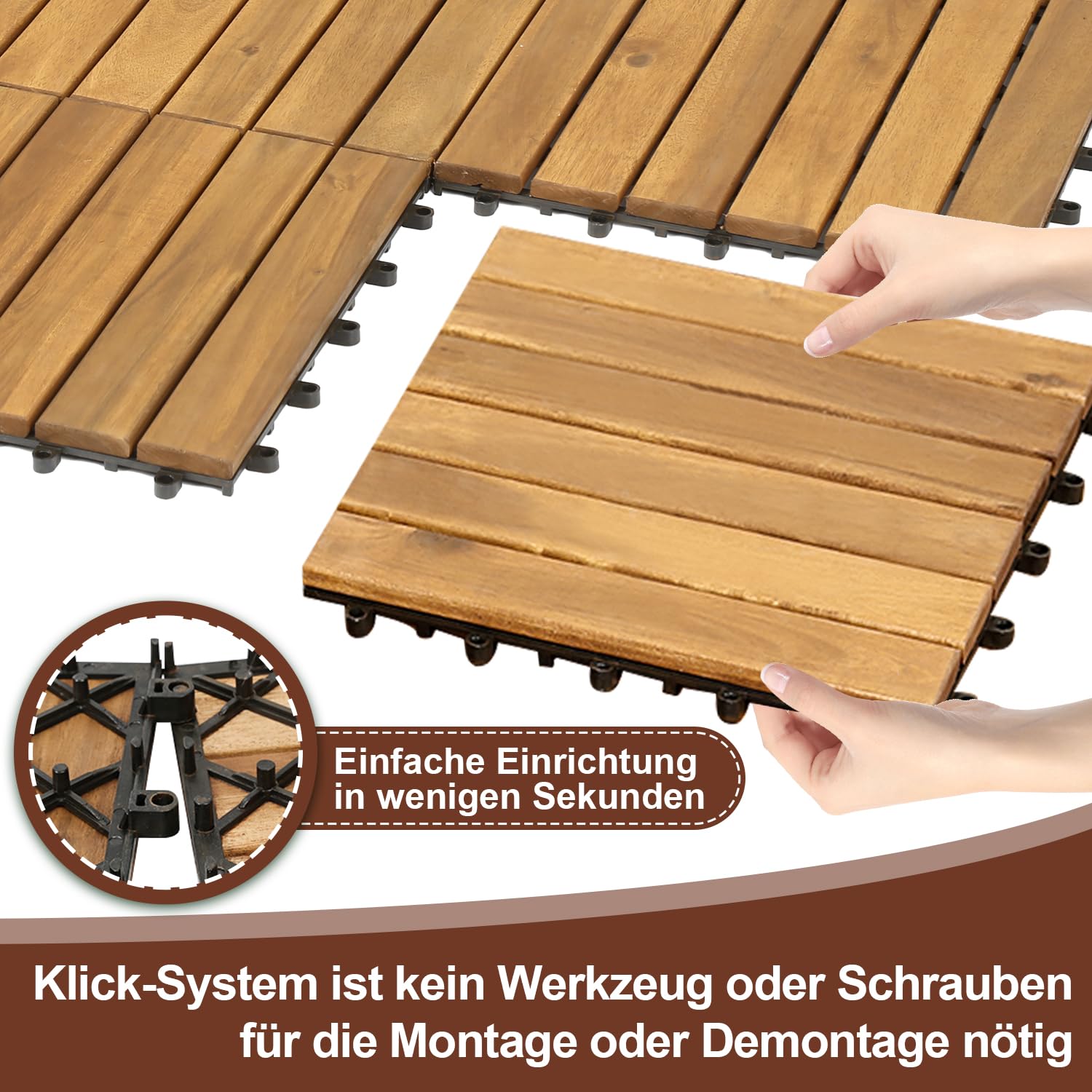 Holzfliesen, 30x30cm33 Fliesen für 3m² Terrassenfliesen Wetterfest aus Akazienholz, Bodenbelag Holzboden Klicksystem mit Drainage, 6 Latten Stil Balkonfliesen