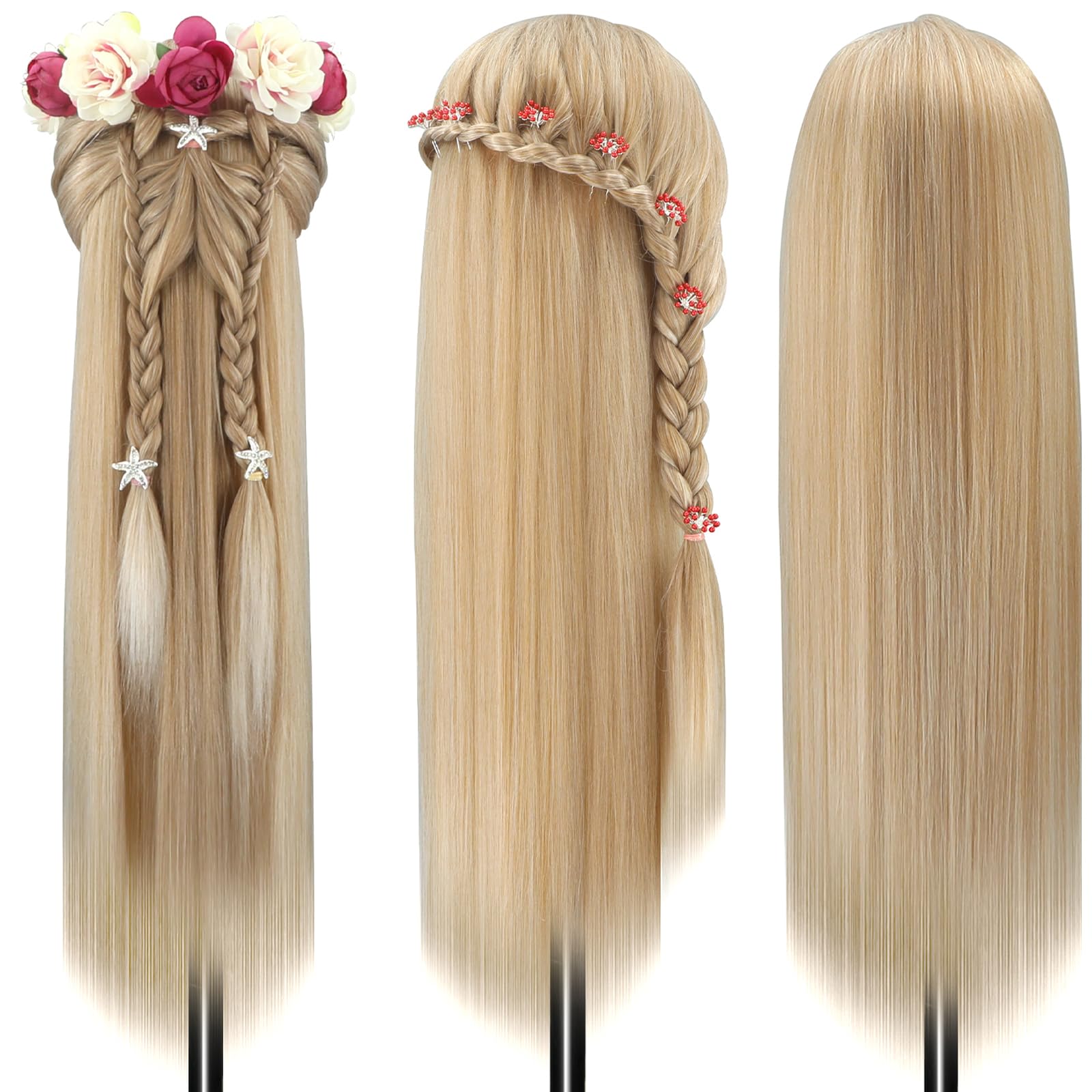 Testa Per Parrucchiere, 28 Inch Testina Parrucchiere Capelli 100% fibre Sintetiche Parrucchiere Testa Per Parrucchiere con Morsetto Libero e DIY Accessori Per Capelli (3-60)