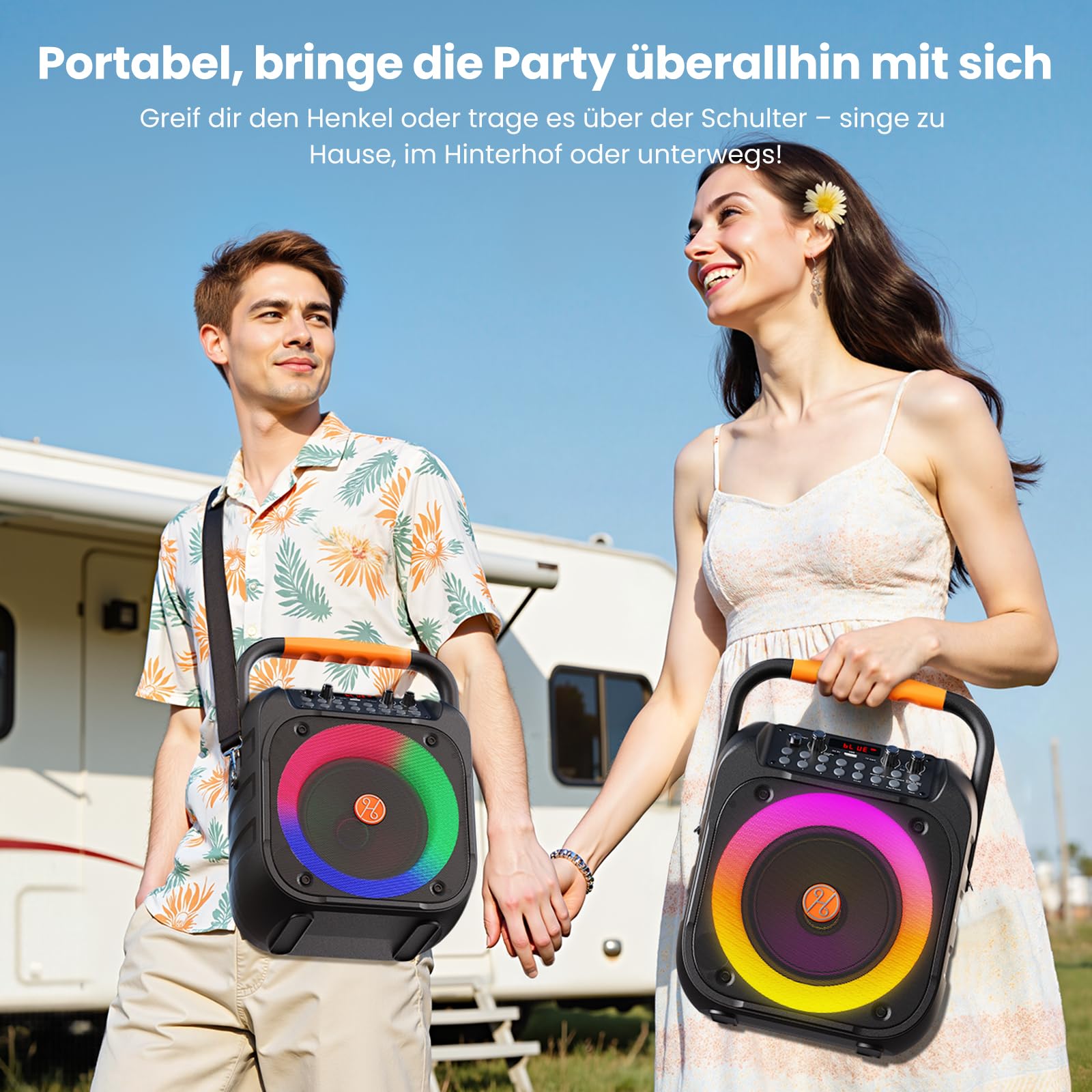 HWWR Karaoke Maschine, Tragbare Bluetooth Karaoke, Karaoke Anlage Mit 2 Mikrofonen, Echoanpassung, Led-Licht, Pa Anlage Karaoke Lautsprecher Unterstützt Tv/Rec/Aux/USB/Tf Karte (6,5 "Subwoofer)