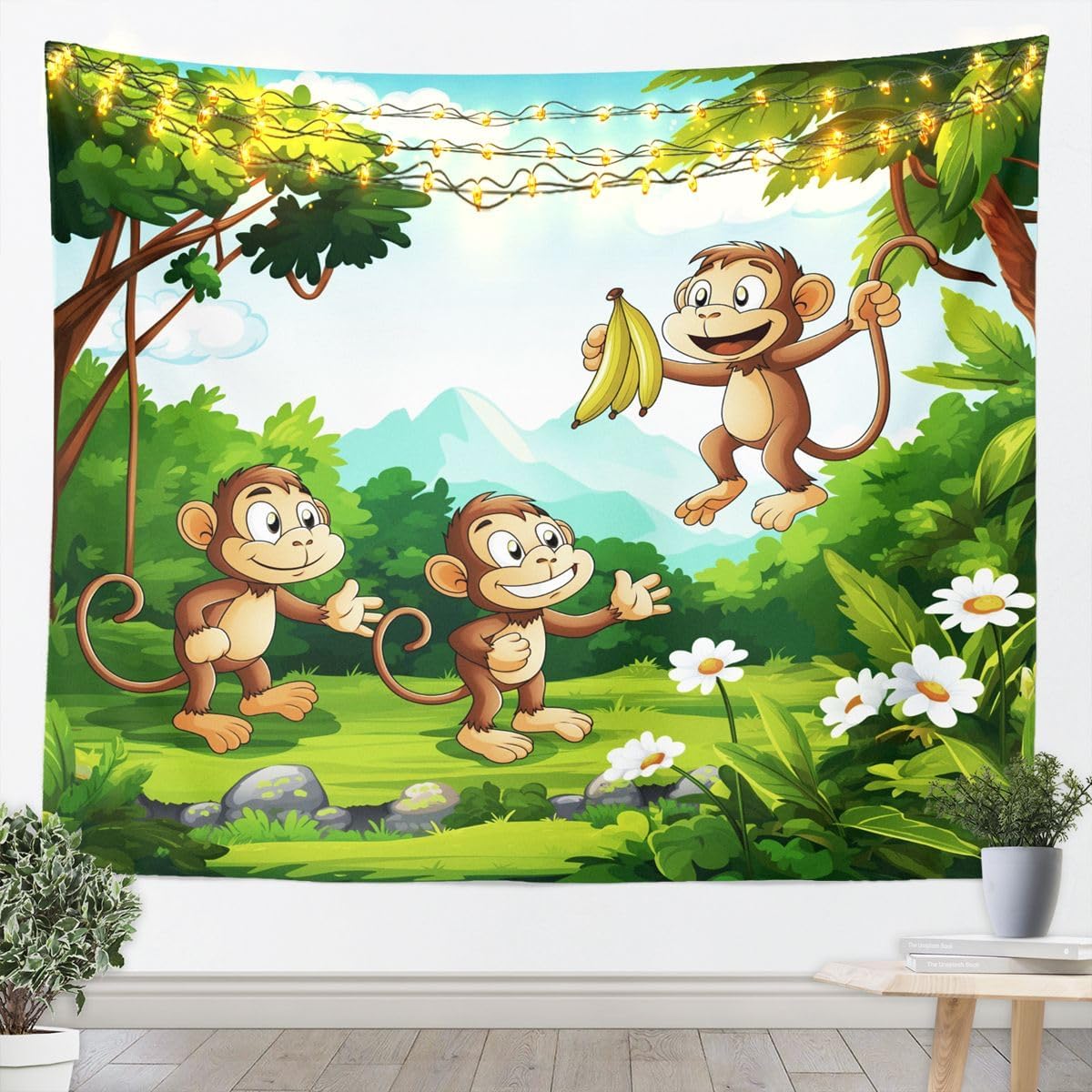 Monkey Wall Hangings Cute Cartoon Animal Tapestry Green Nature Rustic Garden Theme Tapestries Plants Floral Decor Bed Tapestry Wall Blanket Wall Art for Living Room Bedroom Home Decor, 71"x92"