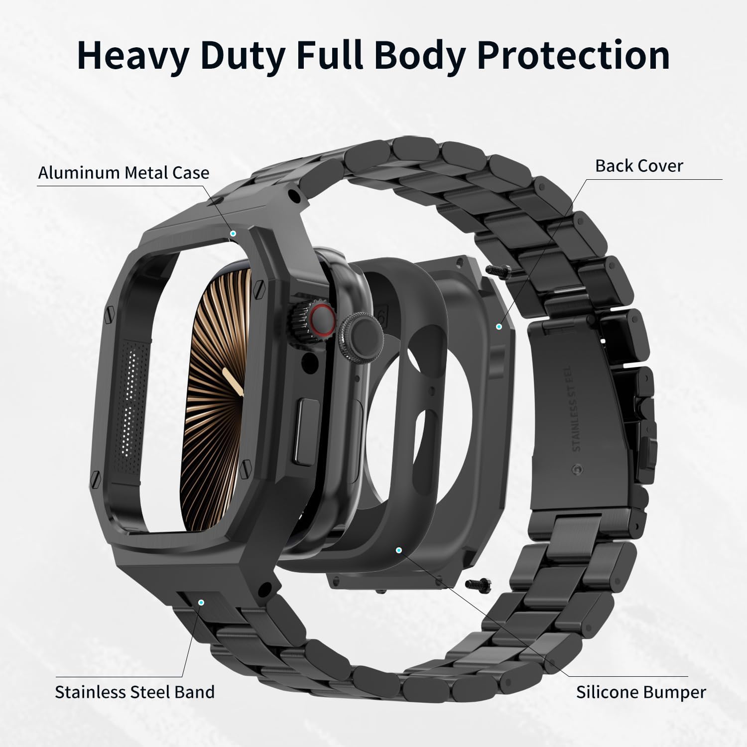 Luxury Alumnium Case with Stainless Steel Band for Apple Watch Series 11/10 46mm, Rugged Military Protective Metal Cover Heavy Duty Tactical Protection for Men iWatch S10, Black - Image 2