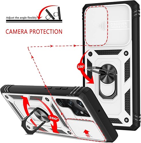 Miniatura 6 de Jeylly Funda para Samsung Galaxy S22 Ultra, con cubierta de cámara y soporte, parte trasera de policarbonato duro de TPU suave, grado militar Funda