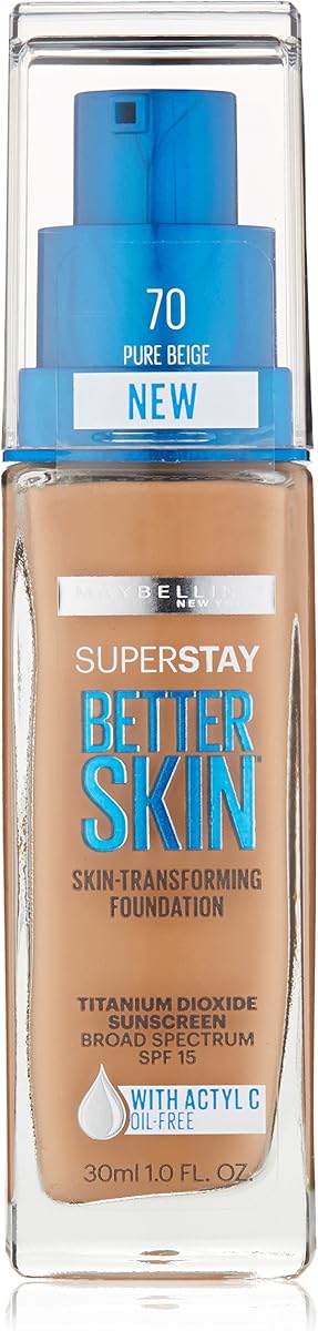 Maybelline New York Superstay Better Skin Foundation, beige puro, 1 onza líquida