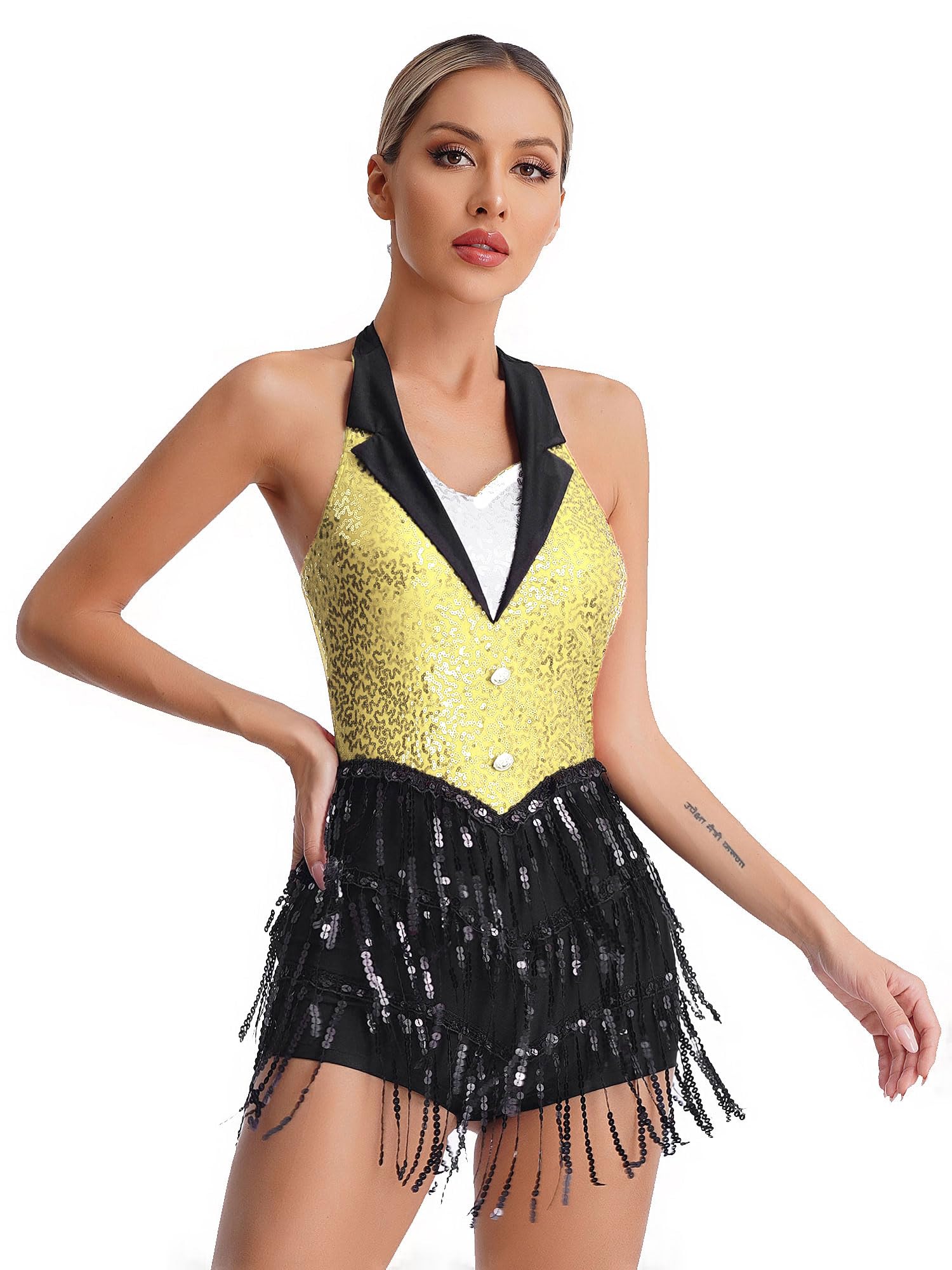 TTAO Damen ärmelloses Tanzkleid mit Fransen 80er 90er Jahre Tanz Trikot Pailletten Jazz Tanz Kostüm Musical Hip Hop Tanzkleidung