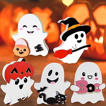 Cute Ghost Halloween Decorations Indoor Wooden Ghost Decor Table Signs Set of 5 for Home Tiered Tray Mantel Display