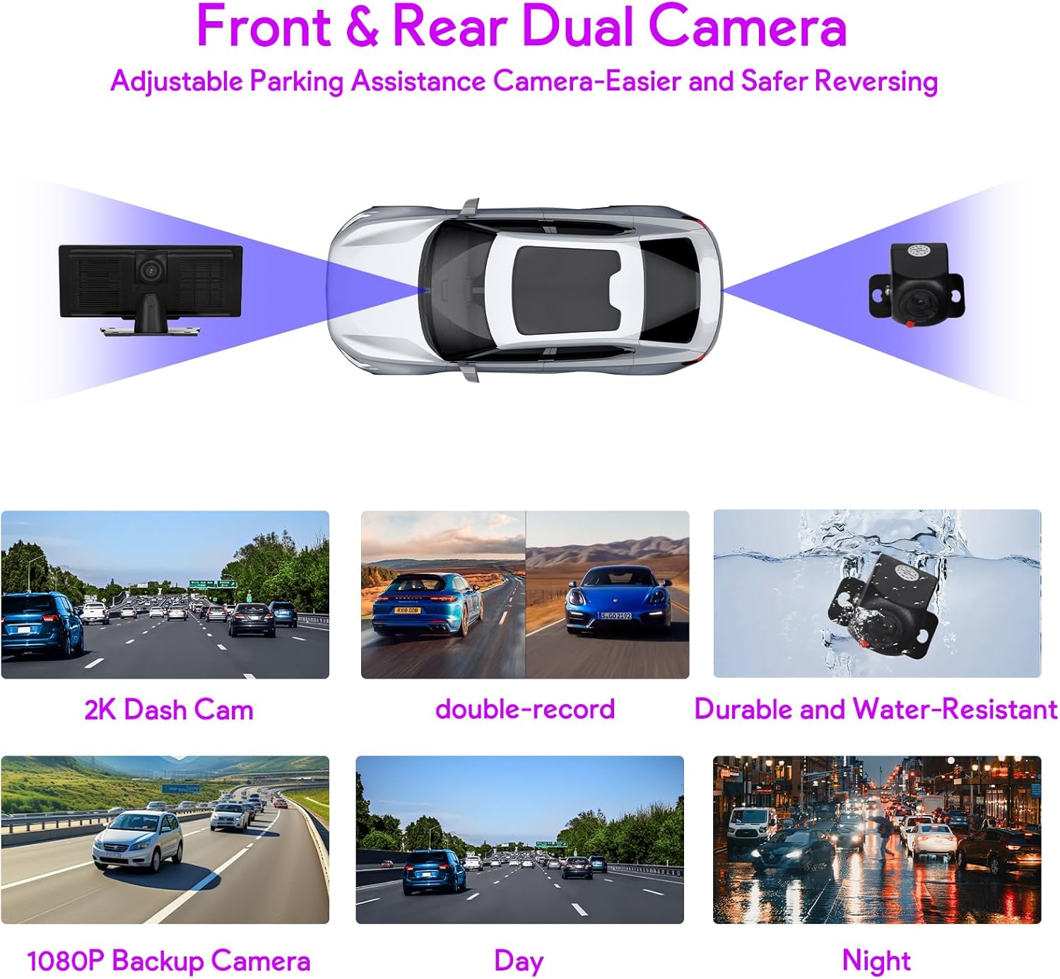 Diagram showing front and rear dual camera setup with adjustable parking assistance lines