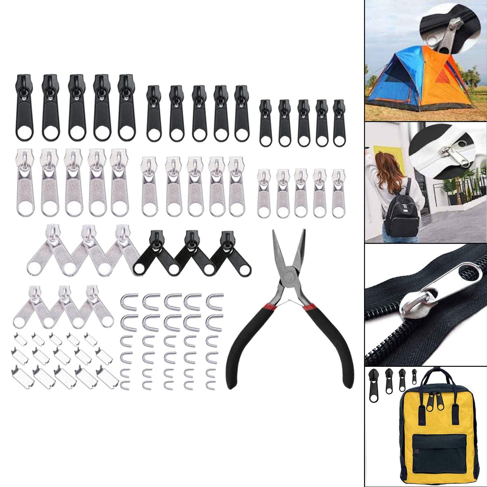 Kit de reparación de cremallera con alicates de instalación de cremallera para jeans, chaquetas, mochilas, 85 piezas, 85 piezas