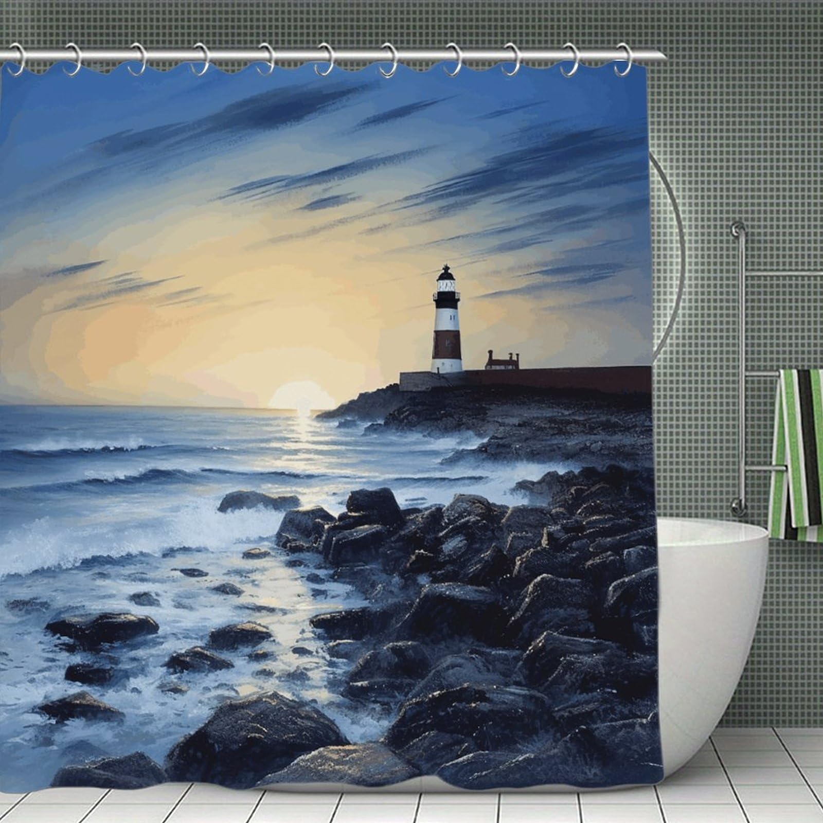 VstaDank The Seaside Lighthouse Shower Curtain Light-Weight Blackout Bathroom Curtain Washable Shower Liner 71x71 Inch Bath Curtain with Metal Holes Bathtub Bath Room