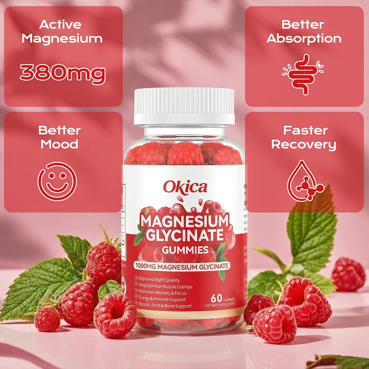Magnesium Glycinate Gummies 600mg, Sugar Free Magnesium Gummies for Adults, High Absorption Chelated Magnesium Supplement, Supports Relaxation, Muscle & Nerve Function, Raspberry - 2