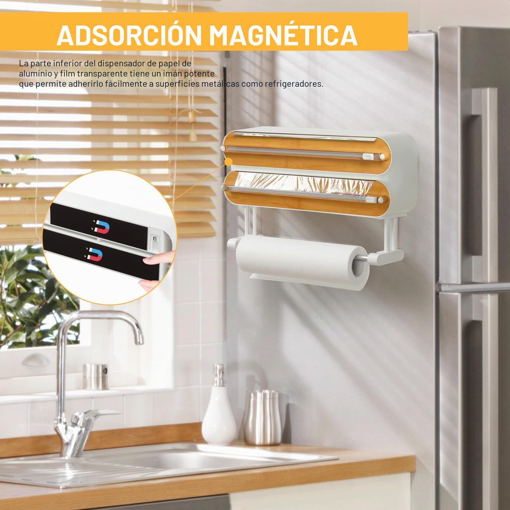 Dispensador Papel Aluminio y Film con Portarrollos Cocina - Organizador Mejorado Magnético de Papel Film Transparente con 50 Metros Film de Plástico, Soporte Papel Cocina 3 en 1, Blanco