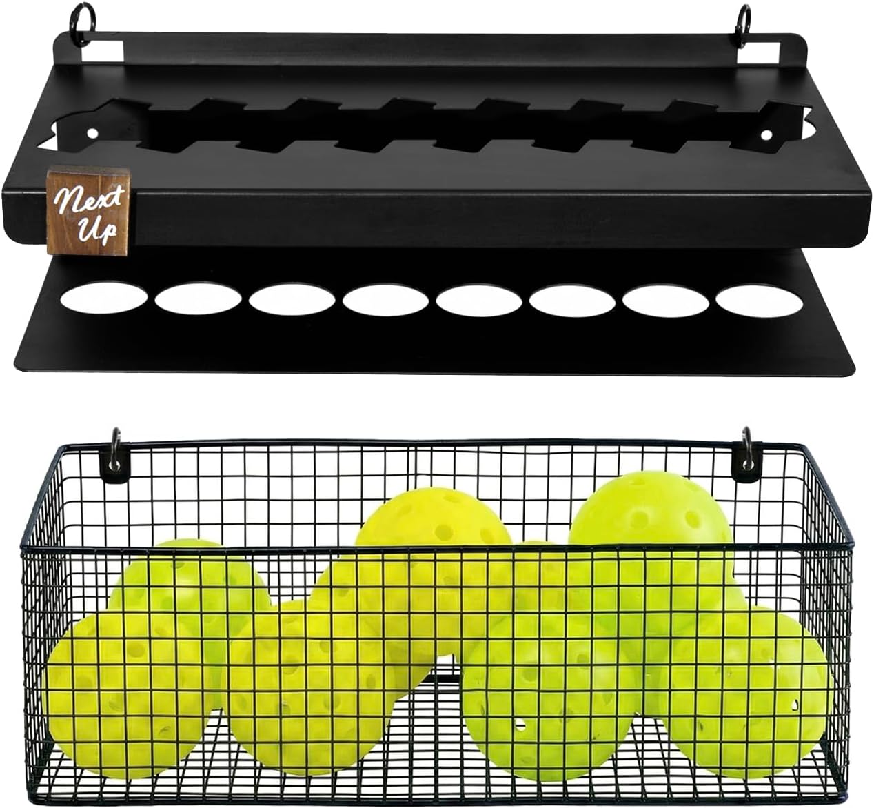 MyGift Premium Metal Pickleball Paddle Rack with Ball Basket & Magnetic Next Up Marker – Wall Mounted or Fence Hanging Pickleball Organizer, Holds up to 8 Paddles – Indoor & Outdoor Court Storage