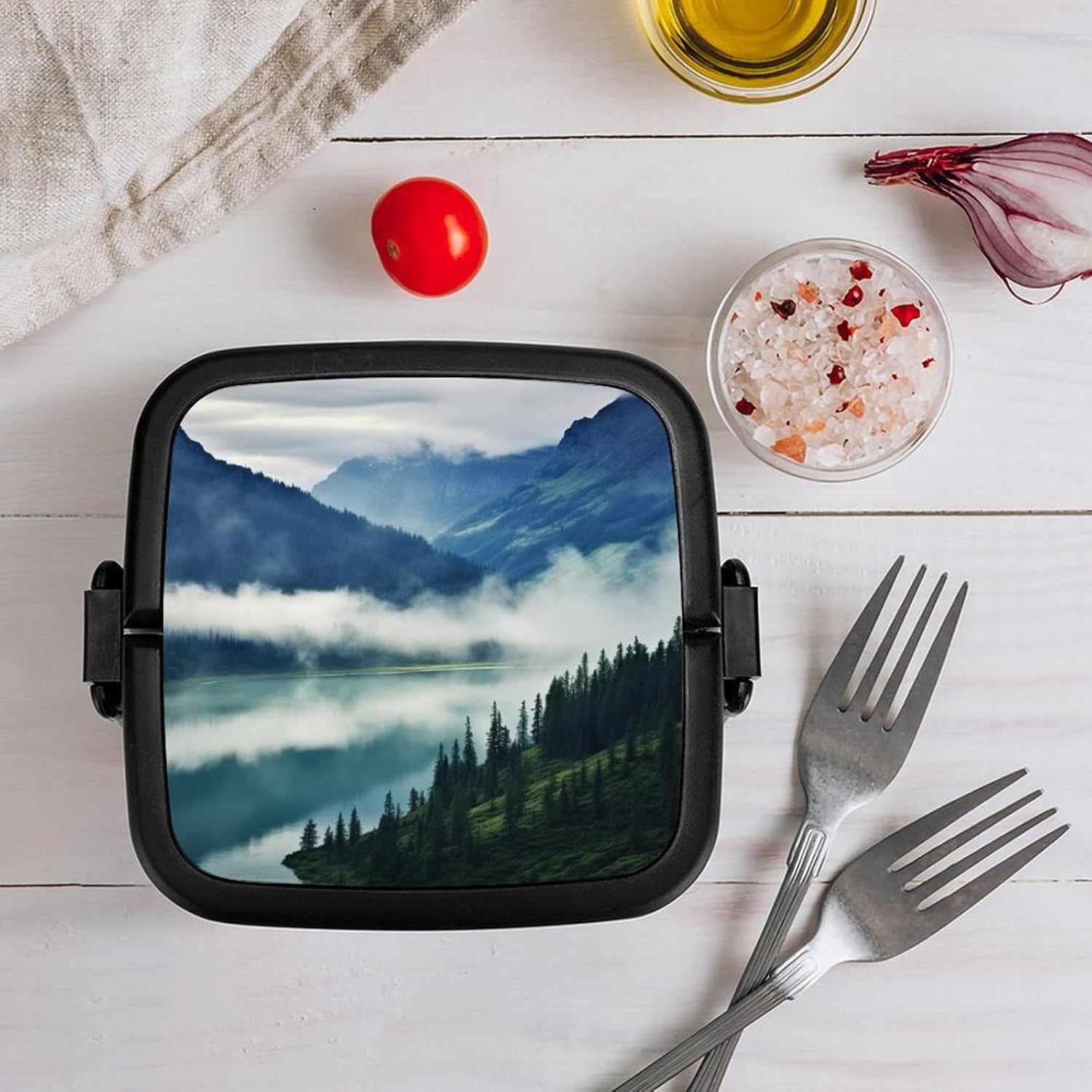 Adults Lunch Box Adult Bento Box Stackable Bento Box BPA-Free Foggy Mountains Landscape Lunch Box Food Container Ideal for Meal Prep, Work, And On The Go