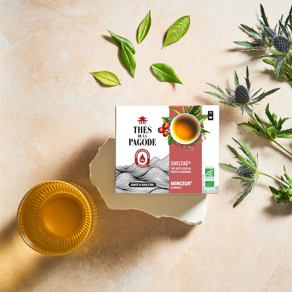 Thés de la Pagode | Té Sveltaé Ecológico para Control de Peso | Lote de 2x 30 bolsitas | Té Verde Sencha, Mate y Guaraná | Con Notas de Limón, Bergamota y Menta | Para Disfrutar Caliente o Frío