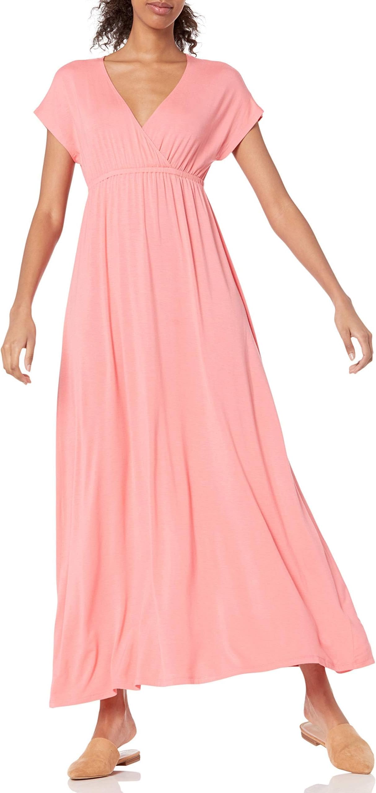 Women's V Neck Short Sleeve Waisted Maxi Dress (Available in Plus Size)