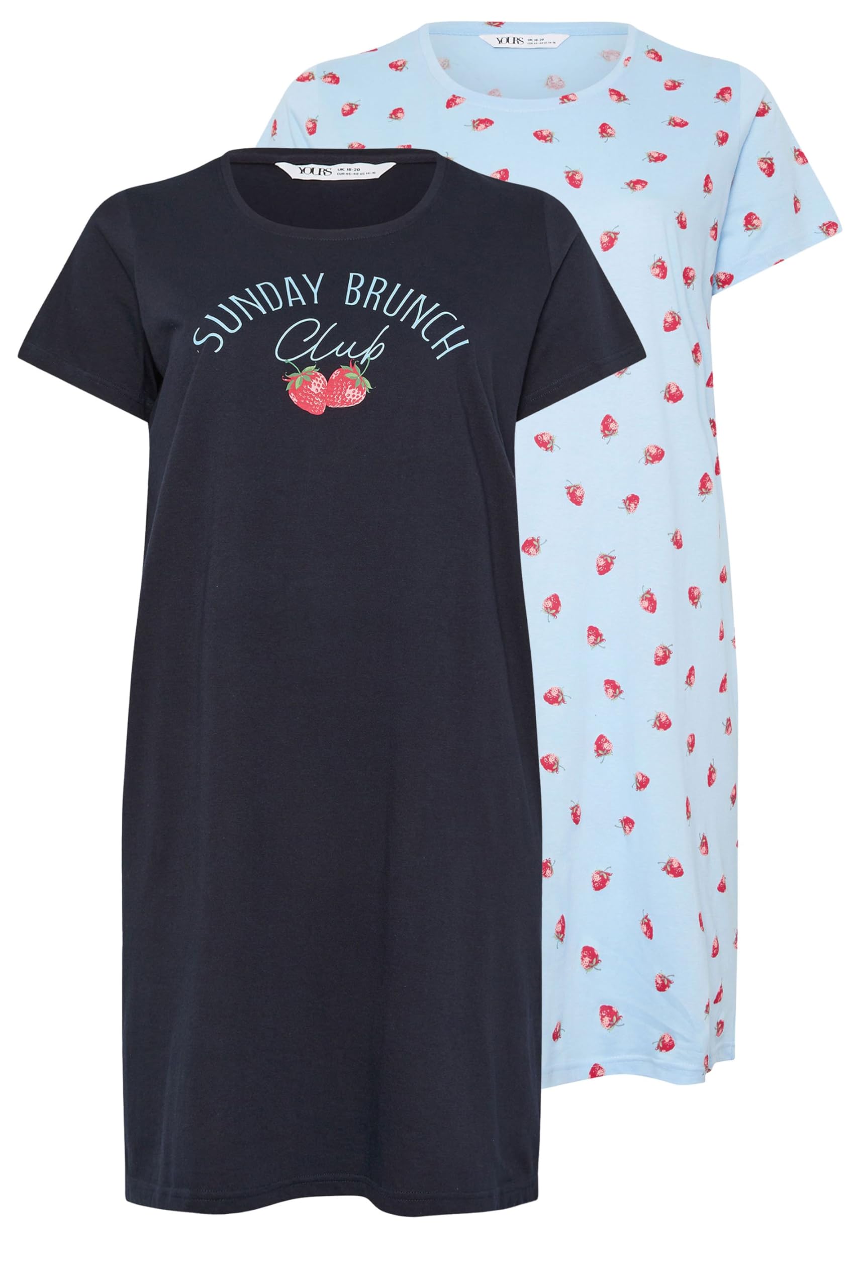 Yours Women's Navy Yourset Curve 2 Pack Blue 'Sunday Brunch Club' Dipped Back Nightdresses - Plus Size Curve