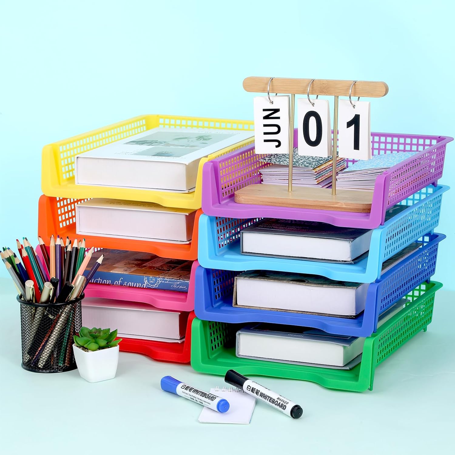 16 Pack Colorful Plastic Turn in Paper Trays for Classroom Storage Bin Basket Organizers for School Teacher Supplies Classroom Office Home Organization Storage Tray Holds 4A Paper File Document image 4