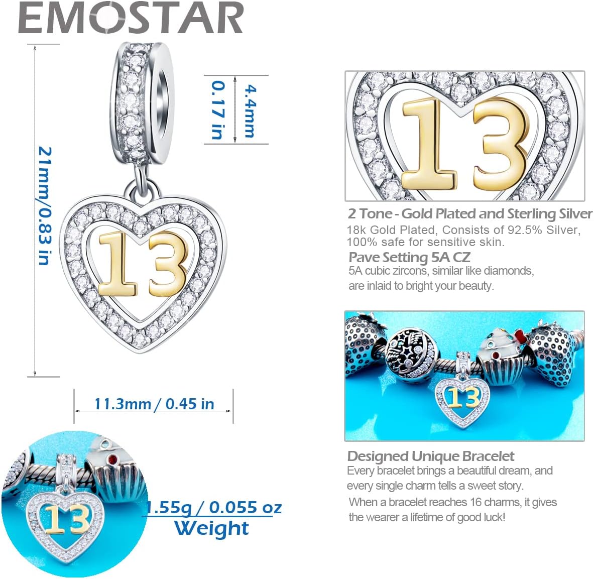 EMOSTAR 10 to 20 21 22 23 24 25 28 30 33 35 40 45 50 55 60 65 70 75 80 Birthday Charms fit European Anniversary Bracelet Necklace, Dangle 18K Golden Number Heart Pendant with CZ, for Women/Men - Image 2