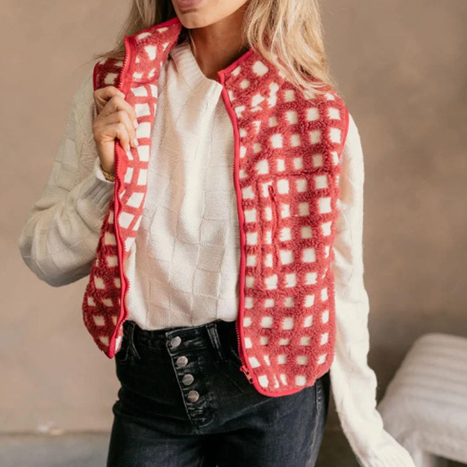 Damska kamizelka Sherpa, zapinana na zamek, bez rękawów, zimowa, rozpinana kamizelka w kratę, damska kamizelka Sherpa w kratkę