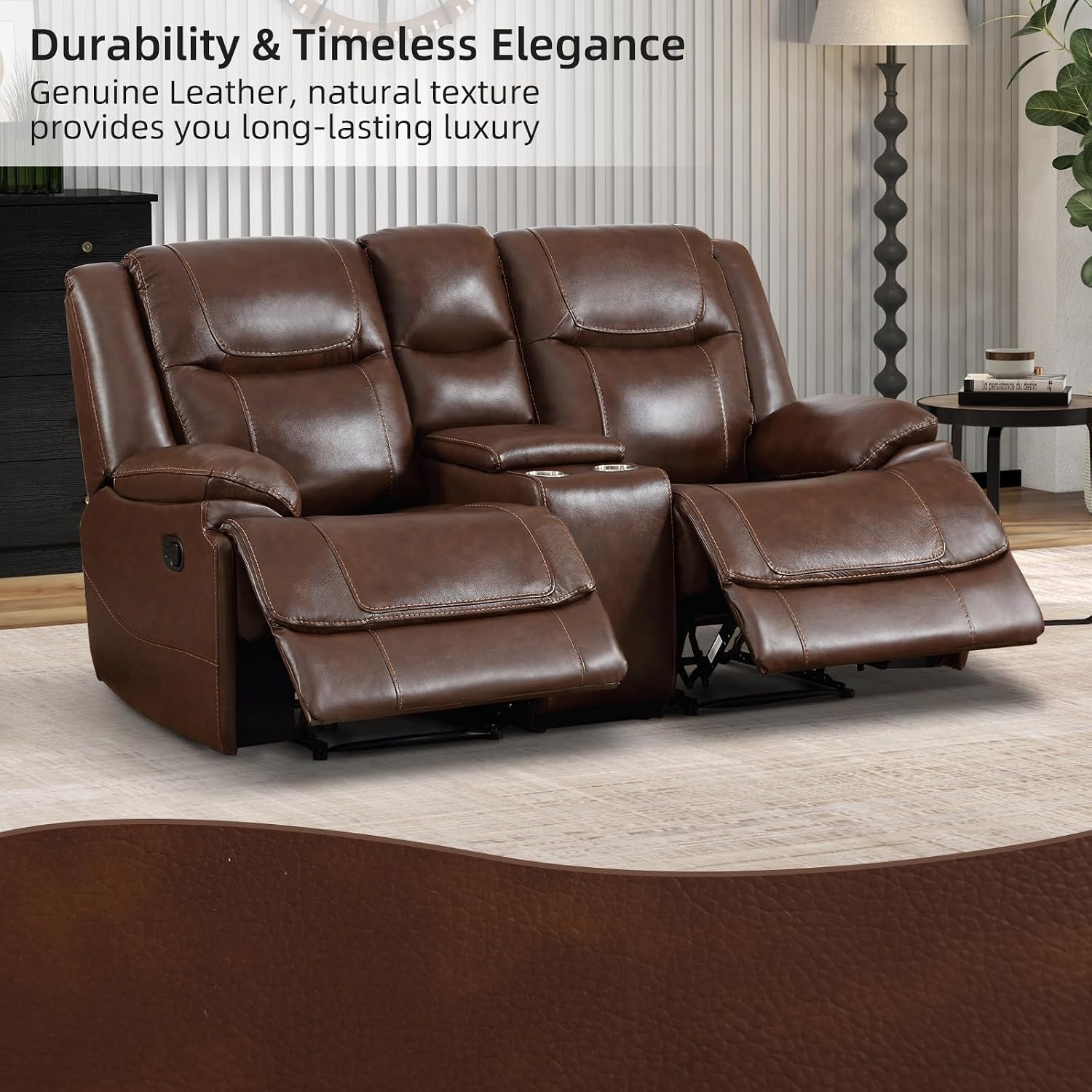 EBELLO Genuine Leather Recliner Manual Sofa Set, 1 Seat Reclining Chair and a Loveseat Furniture Set with Hidden Storage and Cup Holders, Modern Durable Home Furniture for Living Room, Vintage Brown
